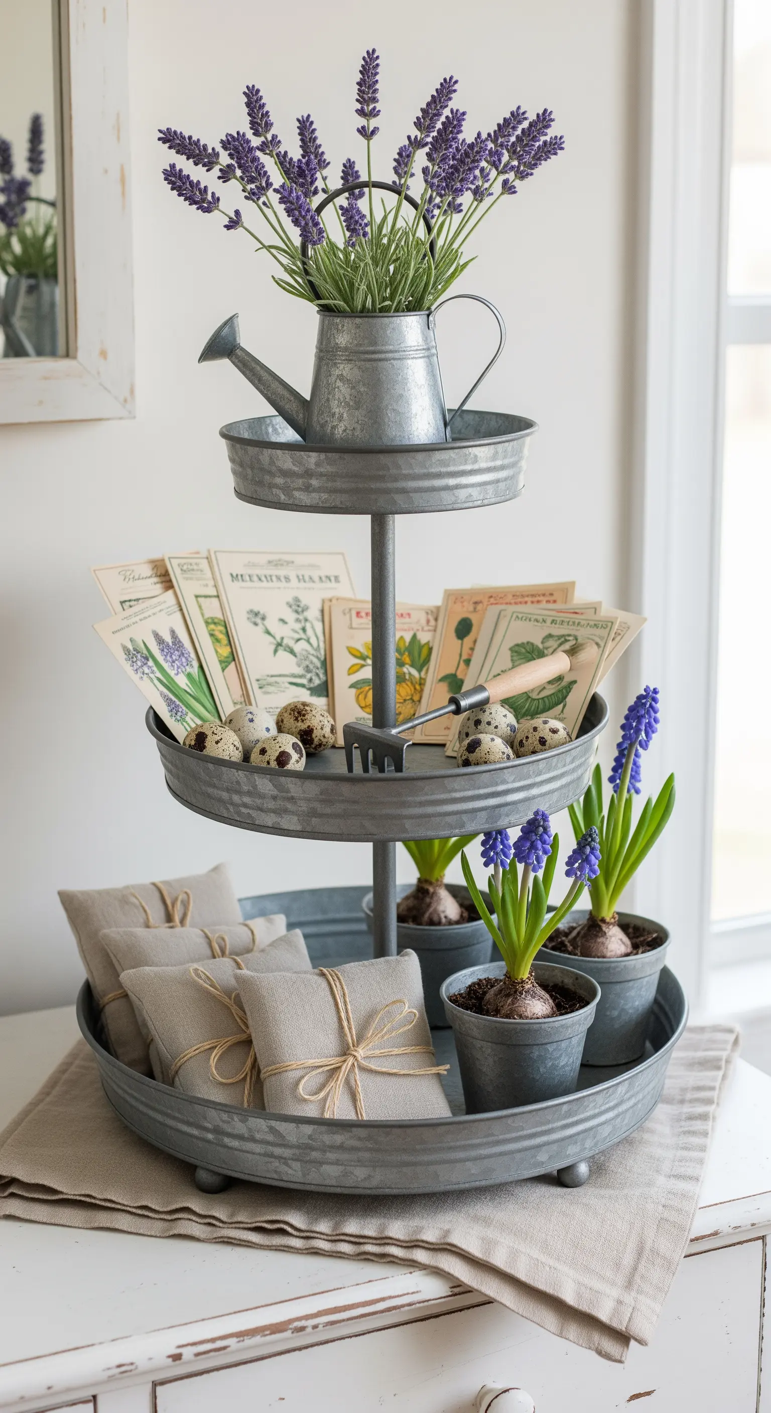 Verzinkte Etagere im Vintage-Look mit Lavendel, Wachteleiern und botanischen Karten