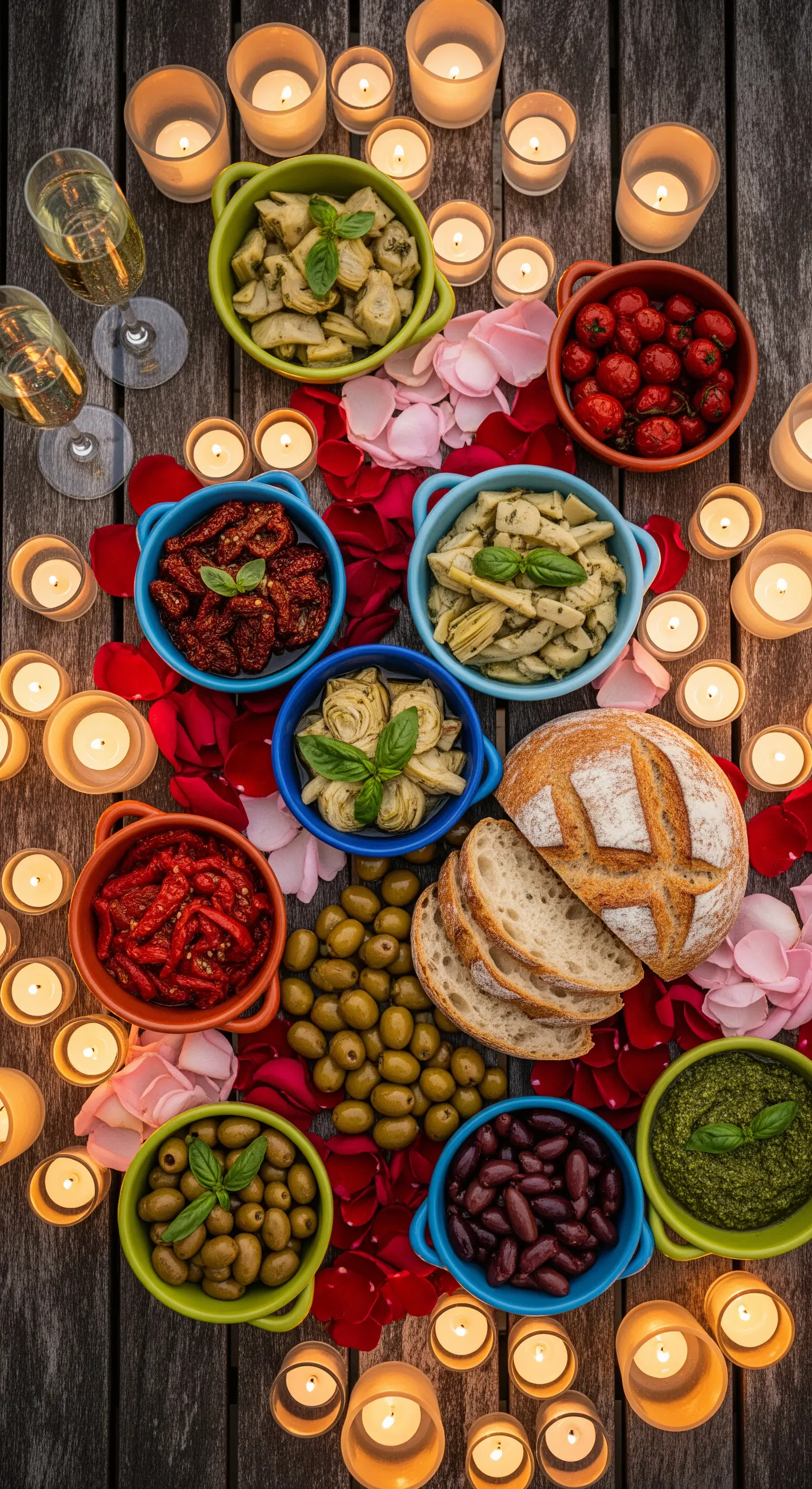 Holztisch bedeckt mit Rosenblüten, Antipasti-Schälchen, Brot und vielen Teelichtern.