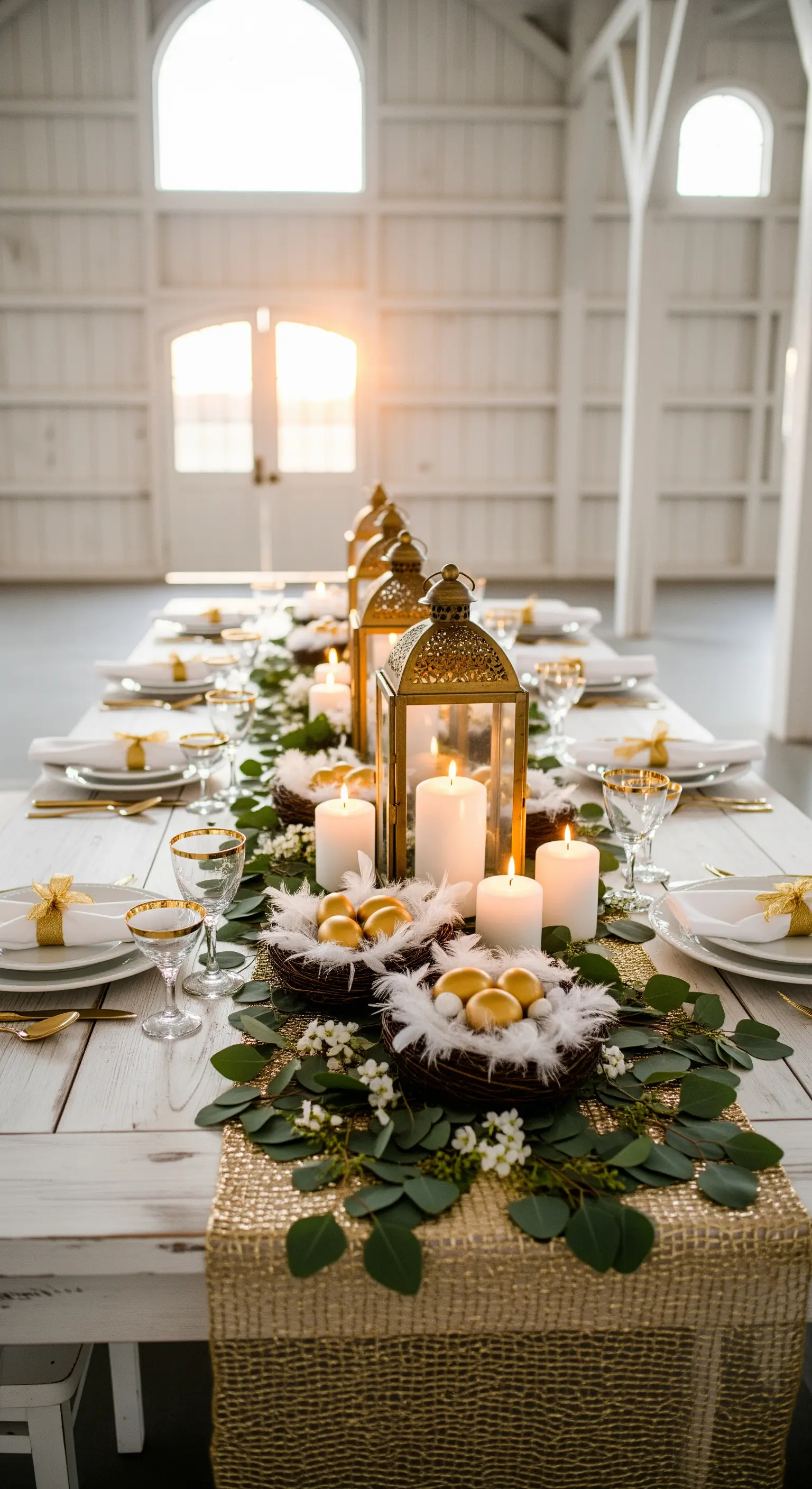 Festliche Oster-Tafel mit Goldläufer, Eucalyptus und Laternen