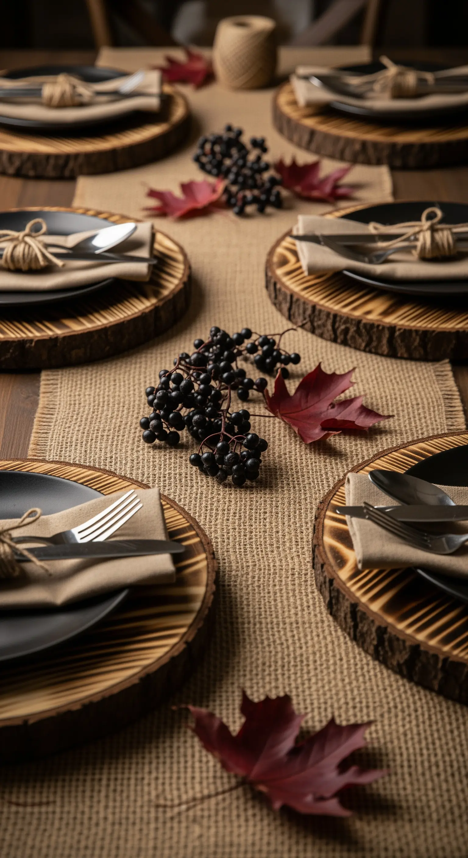 Rustikale Halloween Tischdeko mit Holzscheiben, Jute und Herbstblättern
