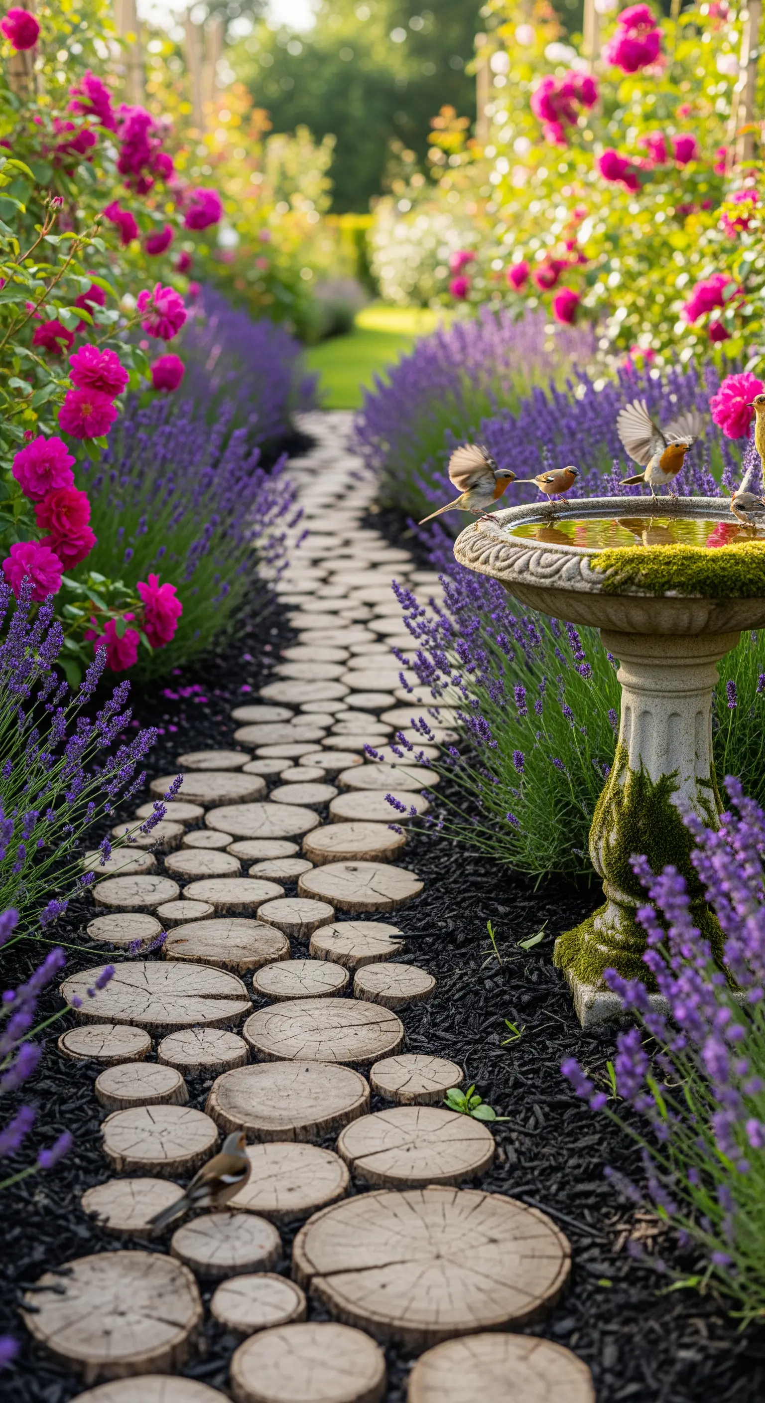 Weg aus Holzscheiben im Rindenmulch, flankiert von Lavendel und Rosen mit Vogelbad