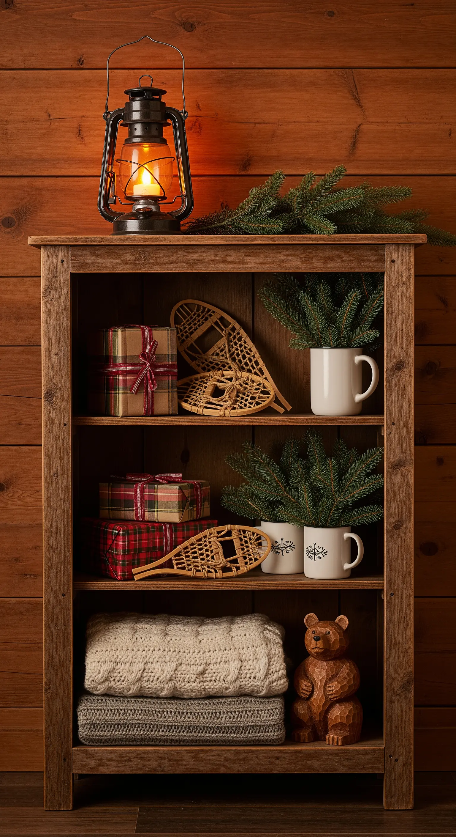 Holzregal im Hüttenstil mit Laterne, Strickdecke und Schneeschuhen