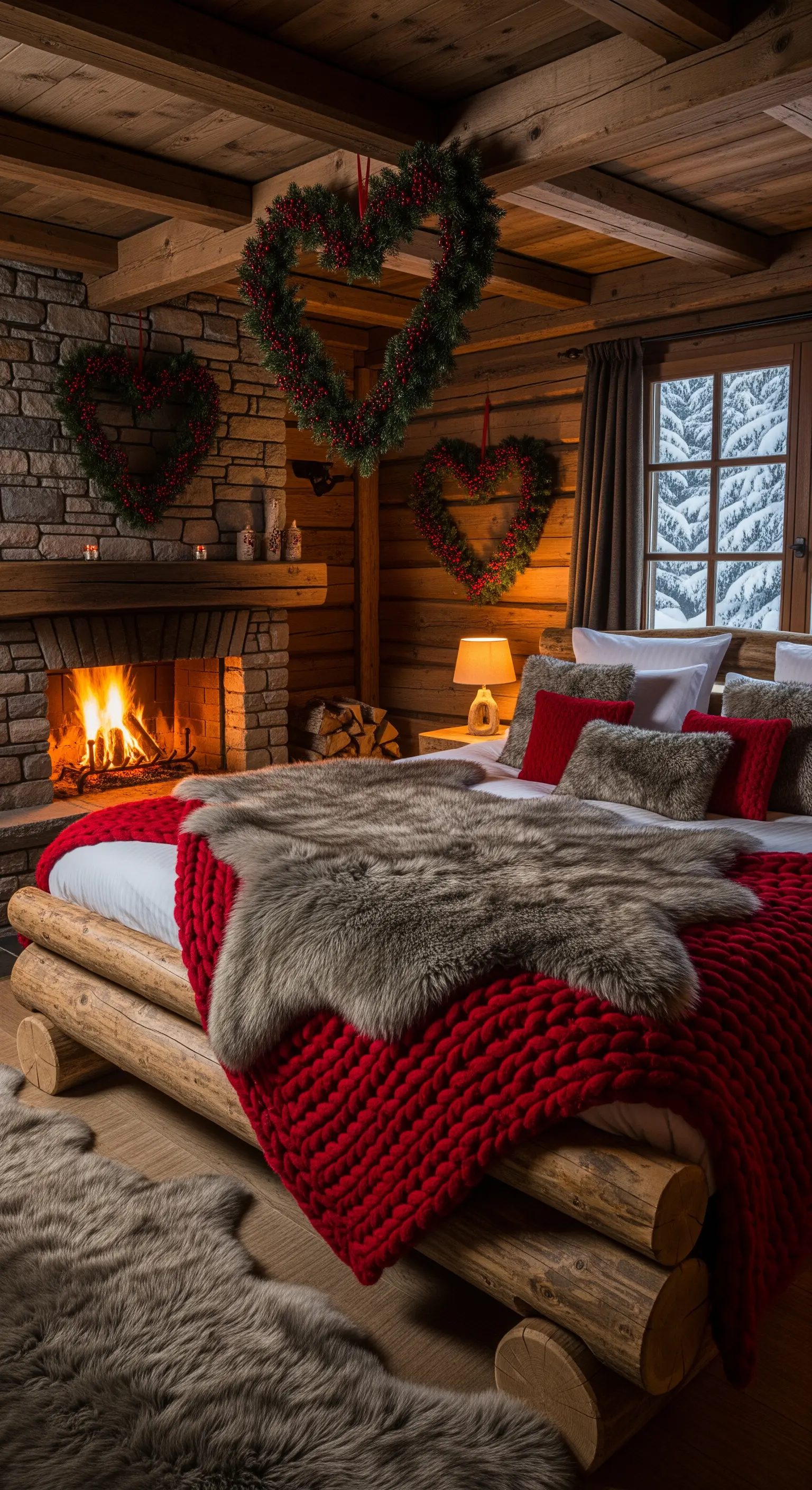 Rustikales Schlafzimmer mit Kamin, Holzdekor und roten Decken