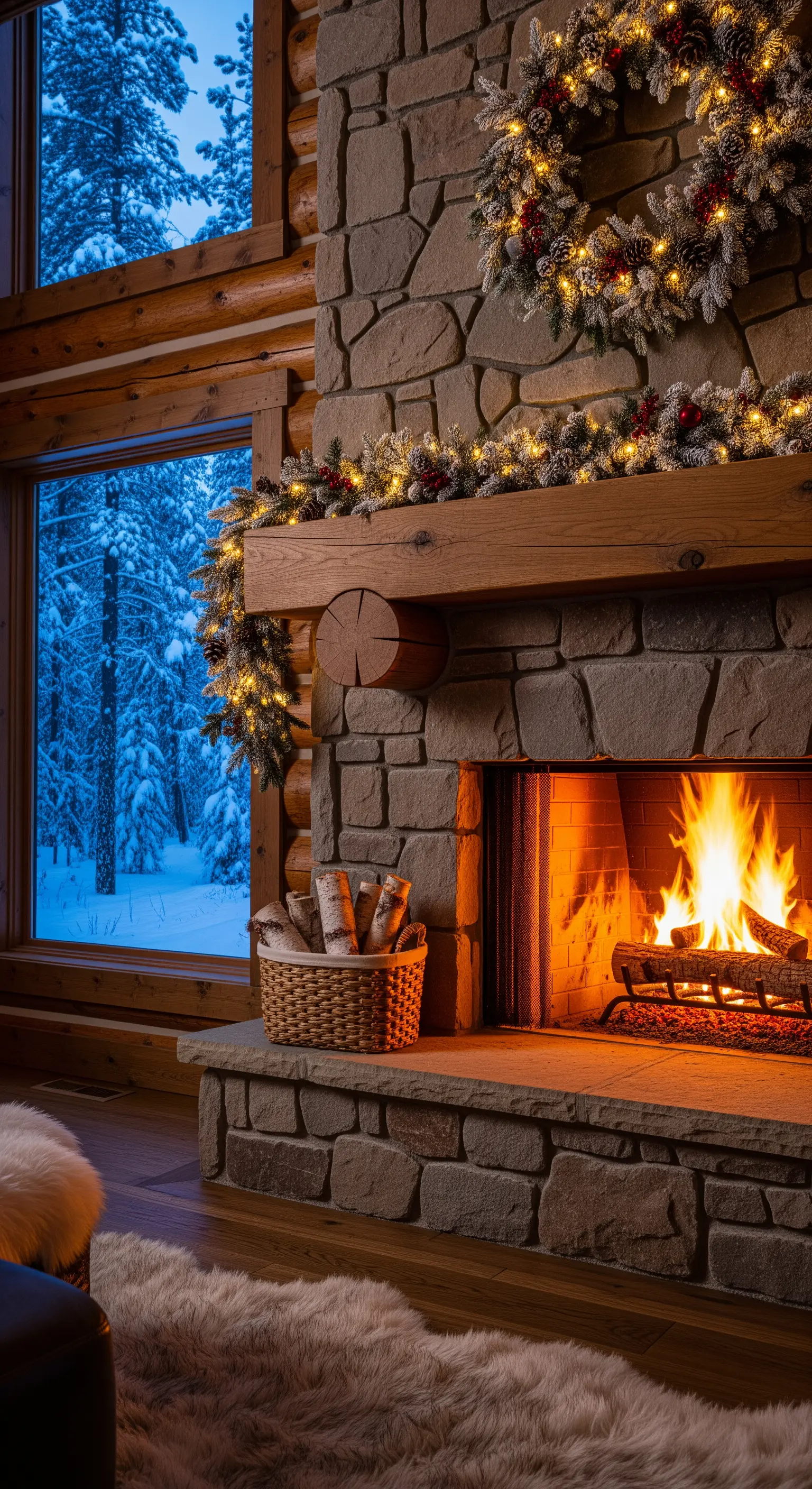 Rustikaler Steinkamin mit beleuchtetem Kranz und Girlande in einer Blockhütte.