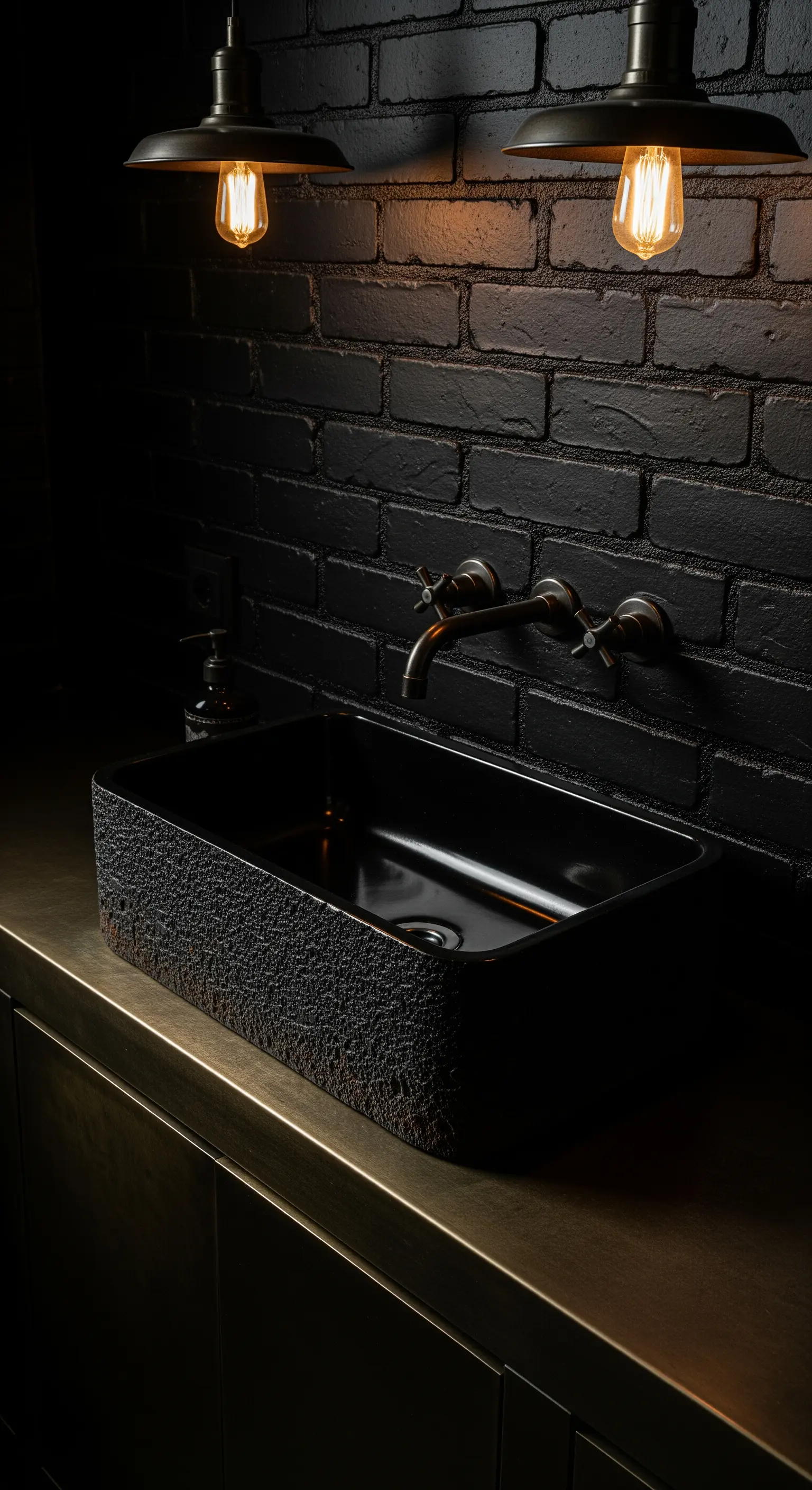 Industrial Bad mit schwarzer Ziegelwand, strukturiertem Waschbecken, Messingplatte