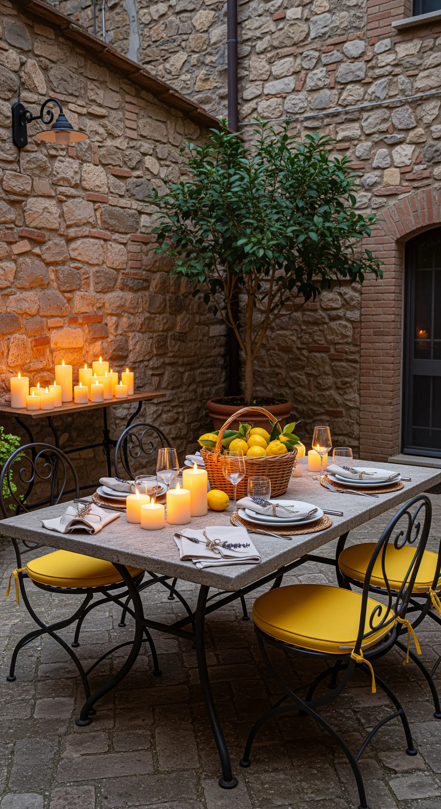Steintisch in Innenhof mit gelben Kissen, Zitronenkorb und vielen Kerzen