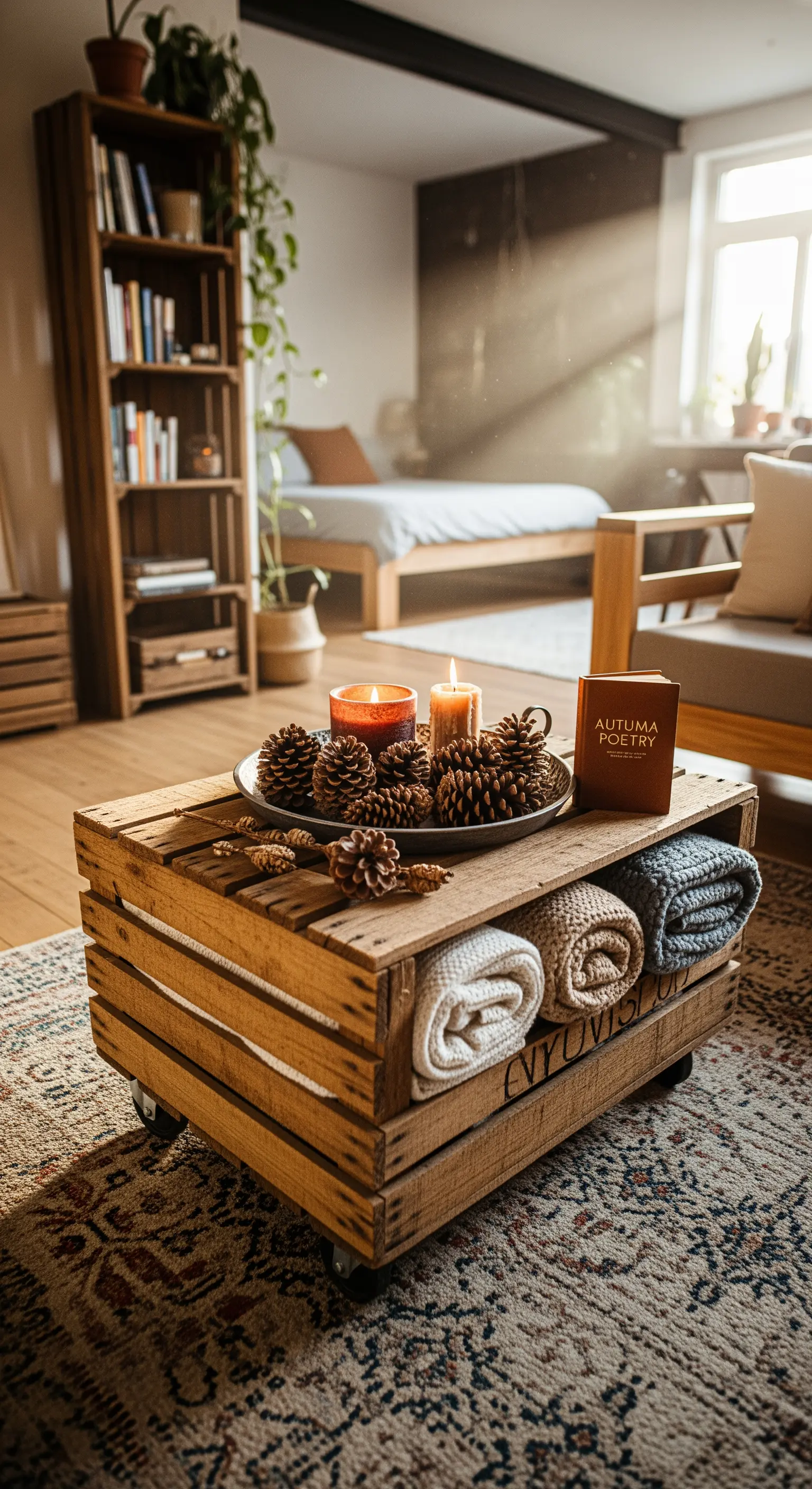 Holzkisten-Couchtisch mit Kiefernzapfen, Decken, Kerzen.