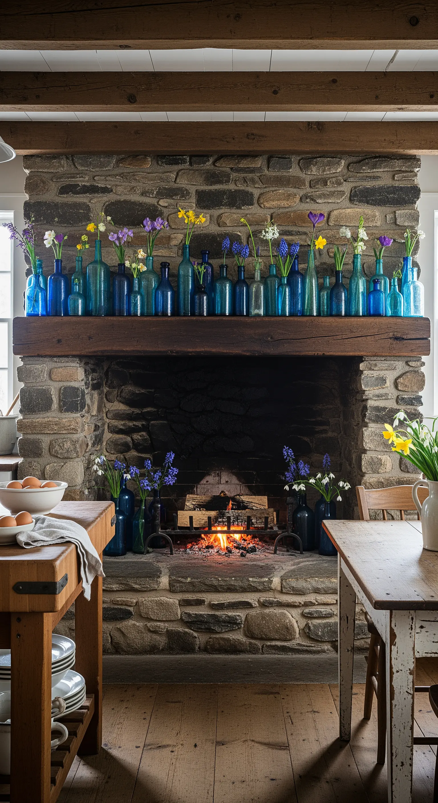 Blaue Vintage-Flaschen mit Frühlingsblumen auf rustikalem Steinkamin