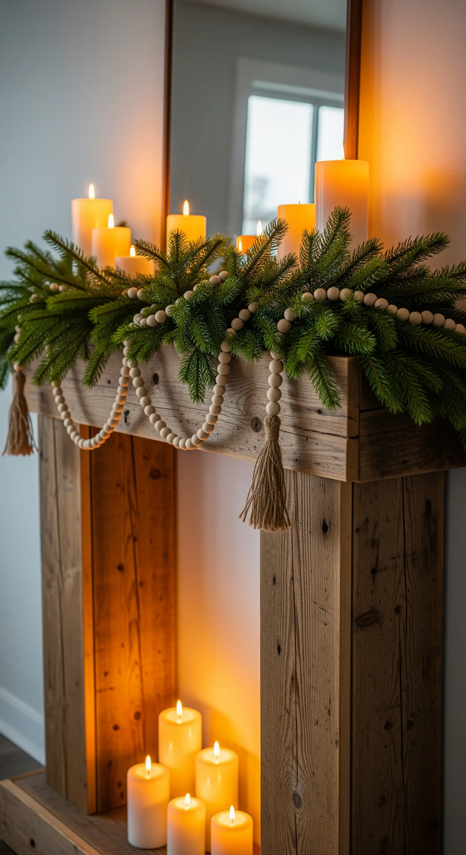 Holzkamin-Dekoration mit Tannenzweigen, Holzperlen-Girlande und Kerzenlicht.
