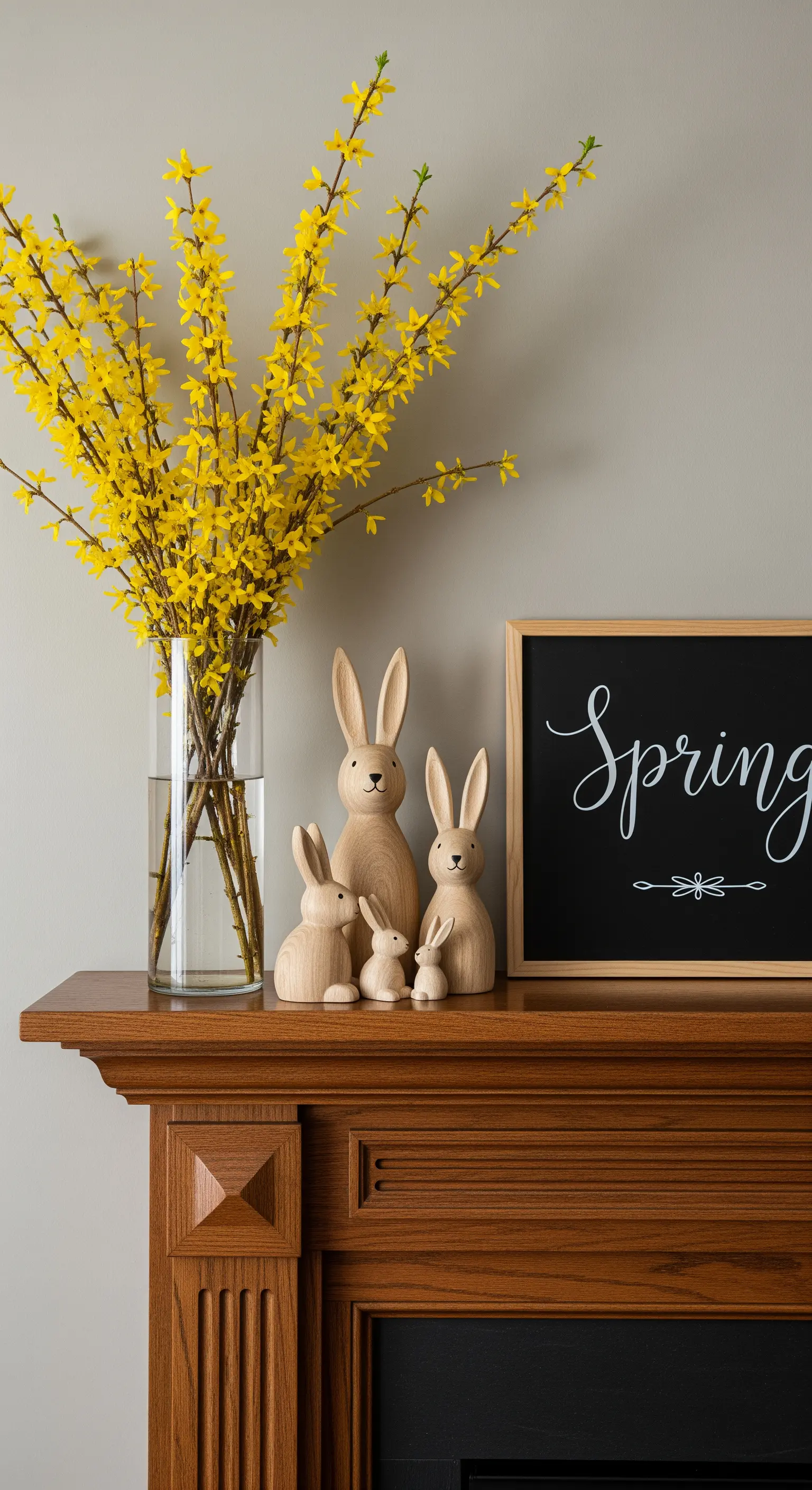 Kaminsims mit Holzhasen, Forsythienzweigen in Vase und „Spring“-Kreidetafel.