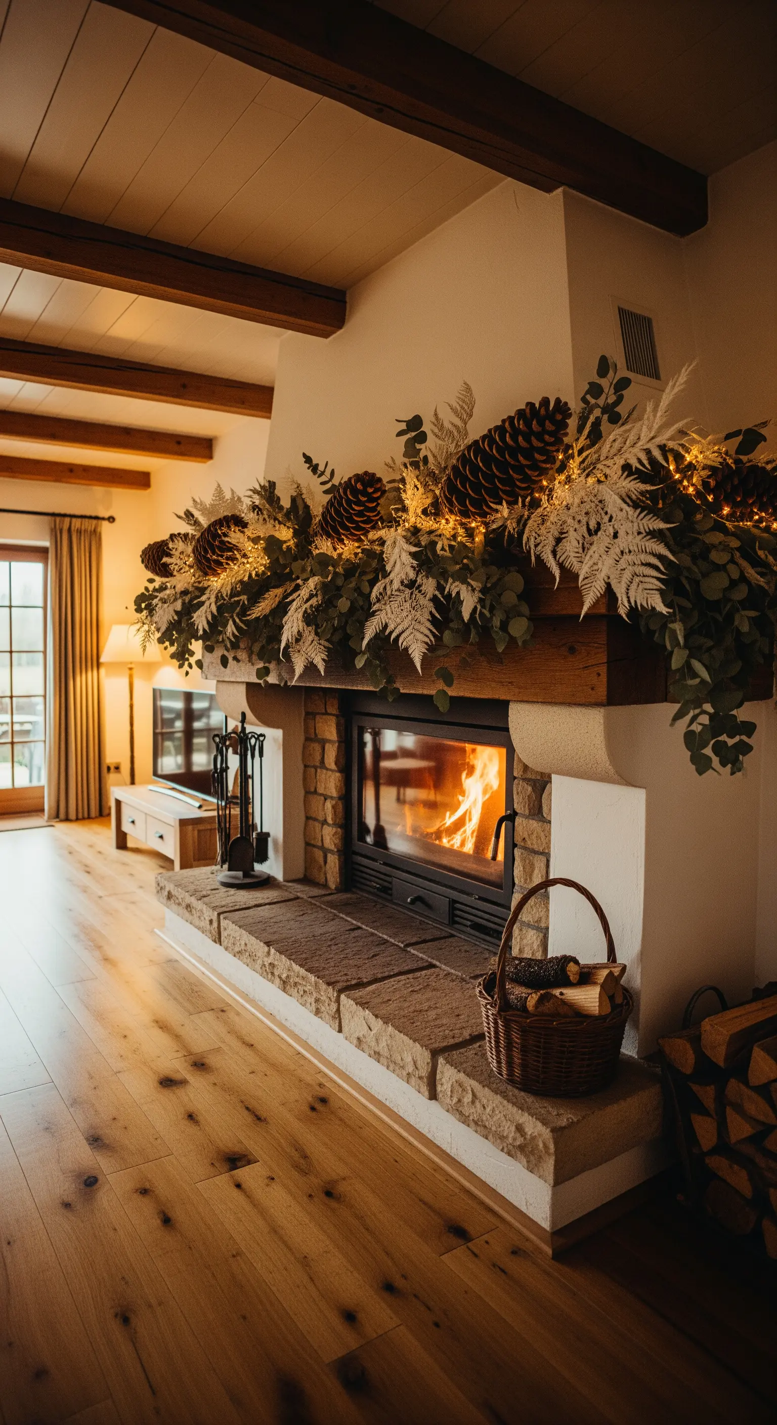 Üppige Kaminsims-Deko mit Tannenzapfen, Eukalyptus, weißen Farnen und Lichterketten