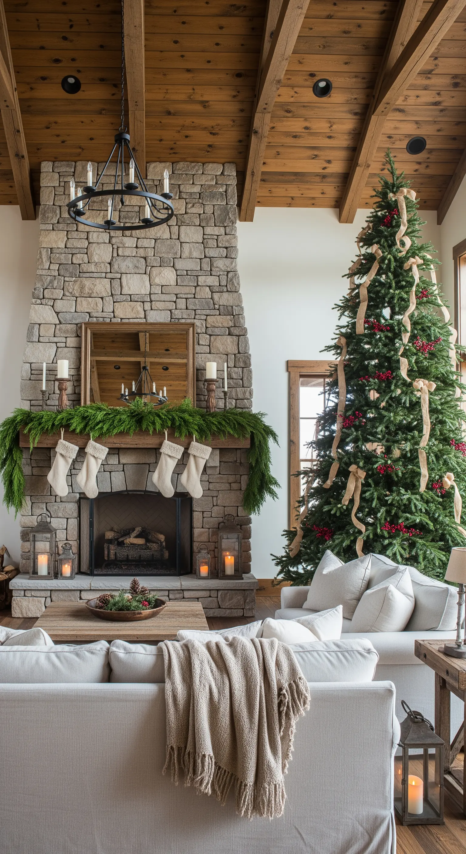 Rustikales Wohnzimmer mit Steinkamin, großer Tannengirlande, Weihnachtsbaum und kuscheligen Textilien.