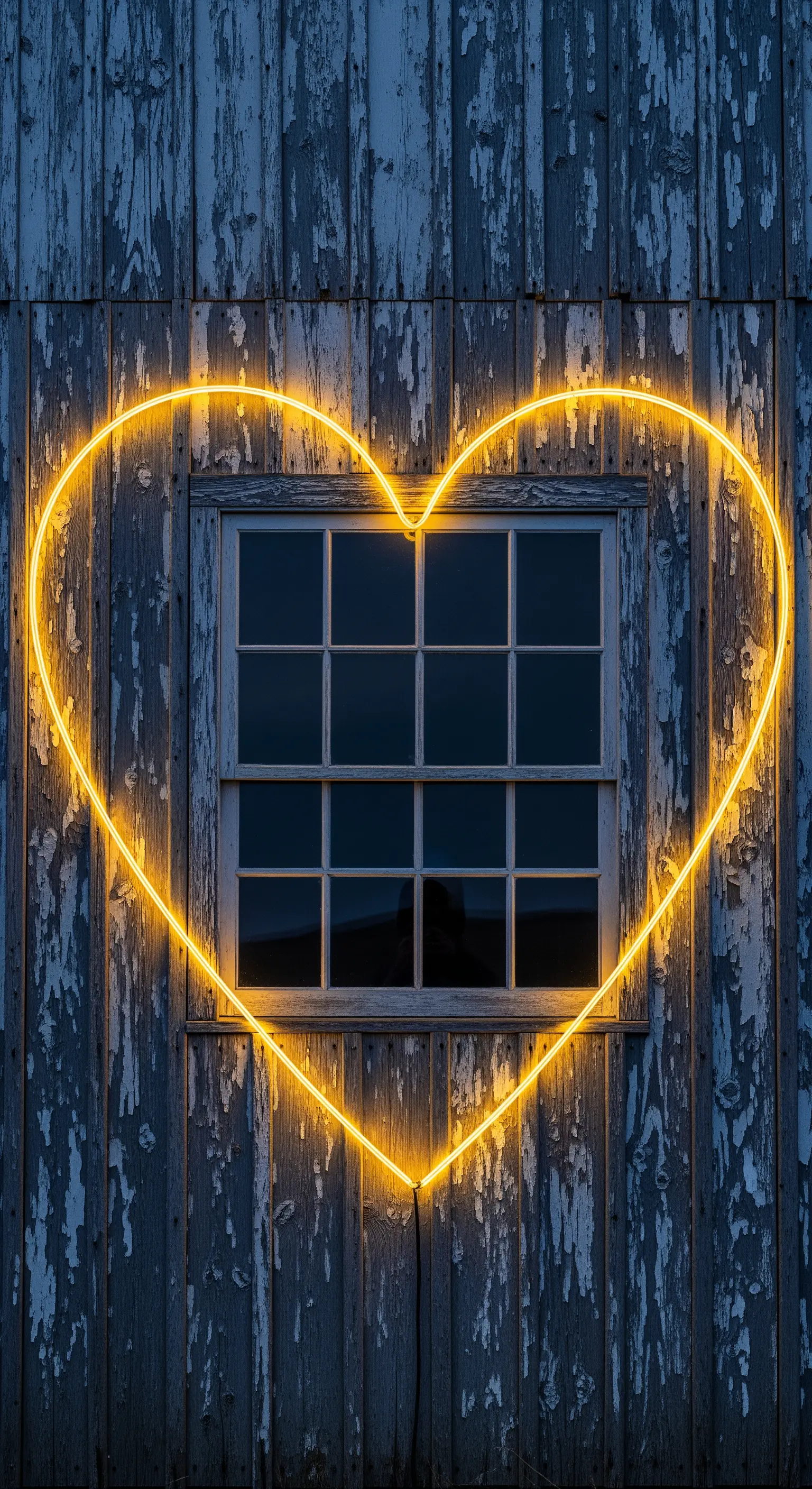 Großes, gelb leuchtendes Neon-Herz umrahmt ein altes Holzfenster an einer verwitterten Fassade.