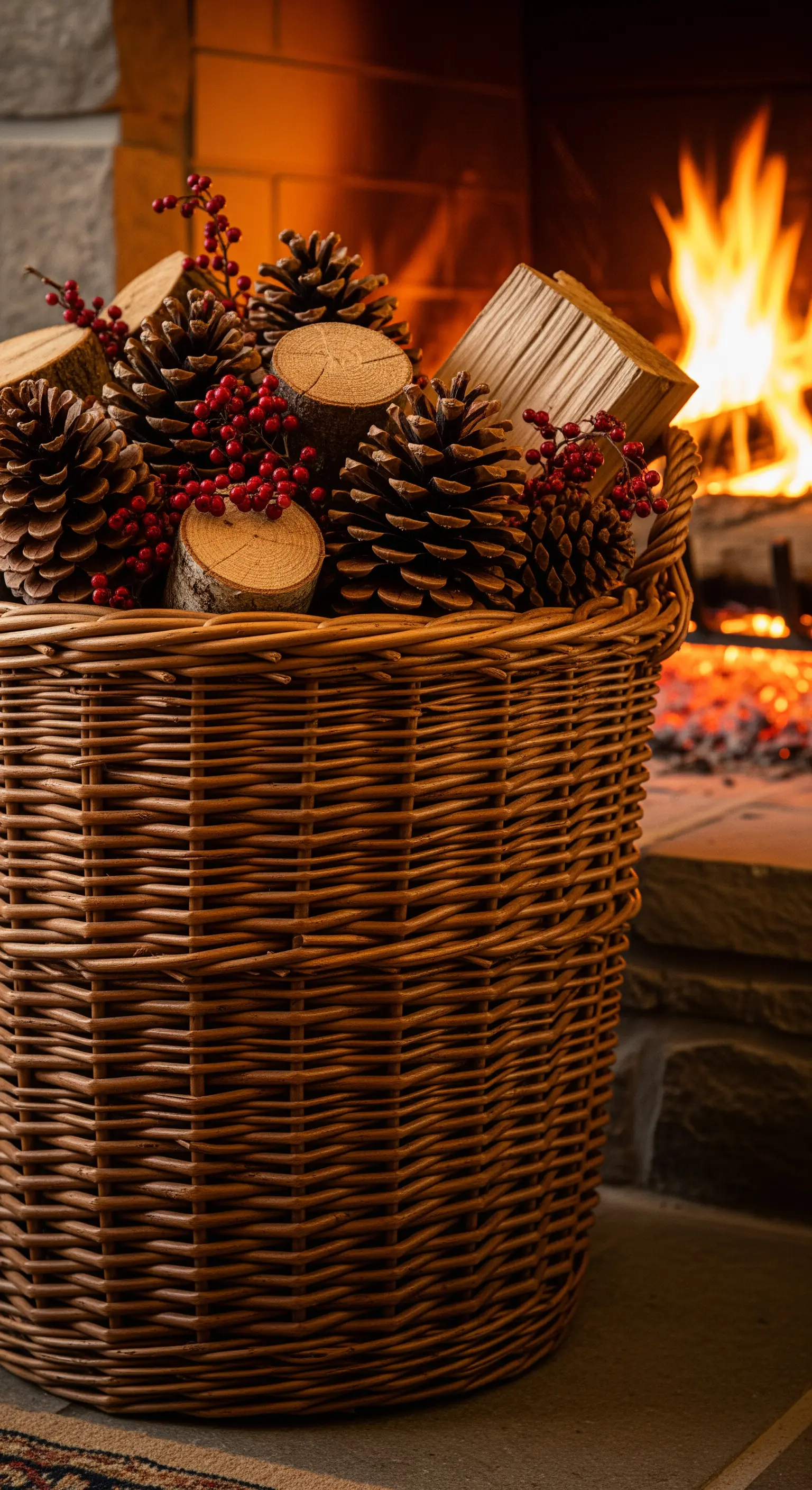 Großer Weidenkorb gefüllt mit Brennholz, Tannenzapfen und roten Beeren neben einem Kamin