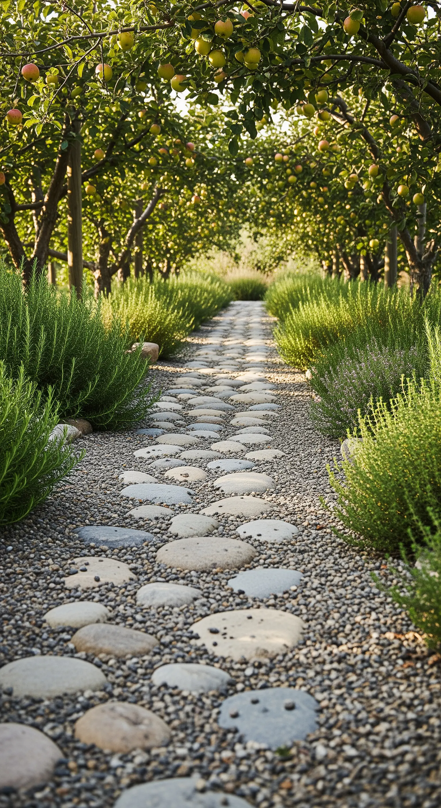 Kiesweg mit grossen Trittsteinen, Rosmarin und Apfelbäumen