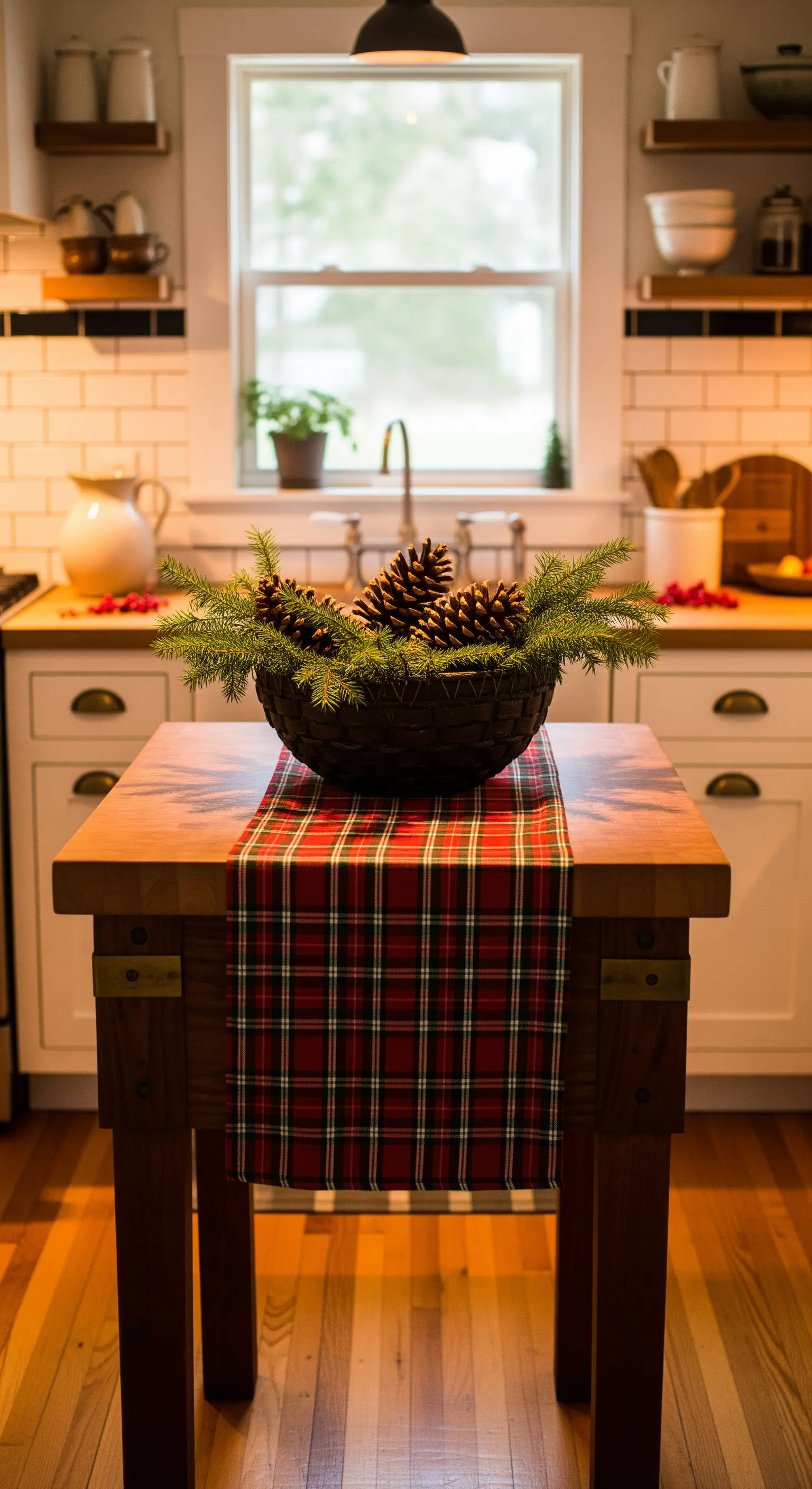 Küchentisch mit kariertem Läufer, Holzschale voller Tannenzapfen und Grün.