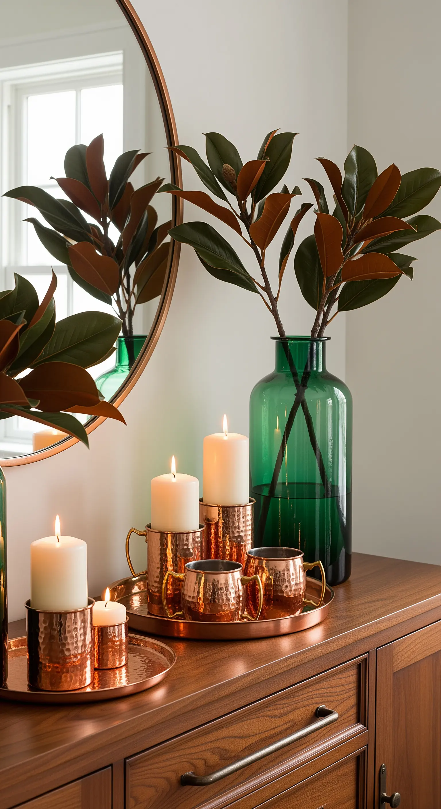 Weihnachtsdeko mit Kerzen in Kupferbechern und Magnolienzweigen in grüner Vase.