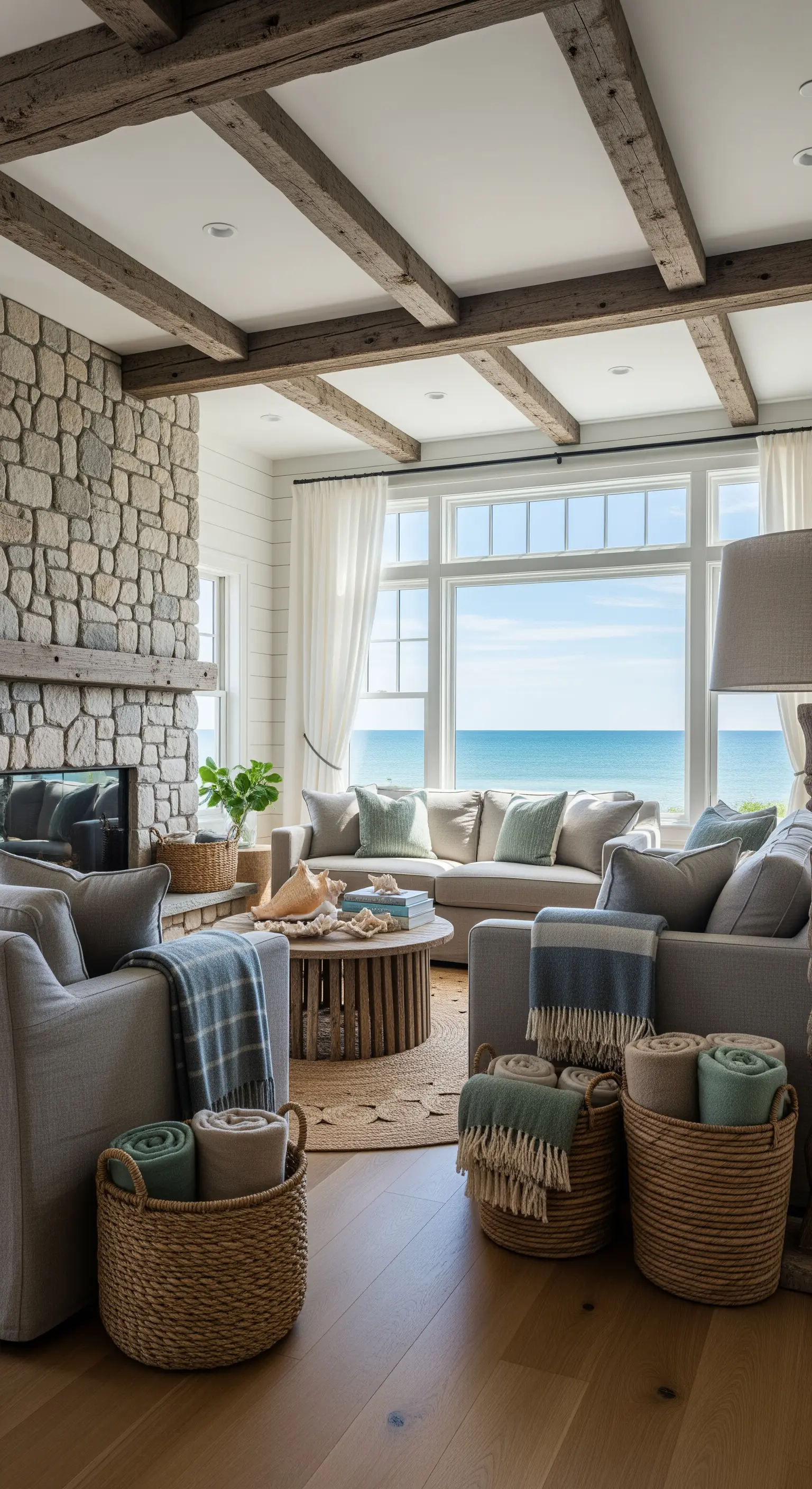 Rustikales Küstenwohnzimmer, Steinkamin, Holzbalken, Körbe mit Decken, Meerblick