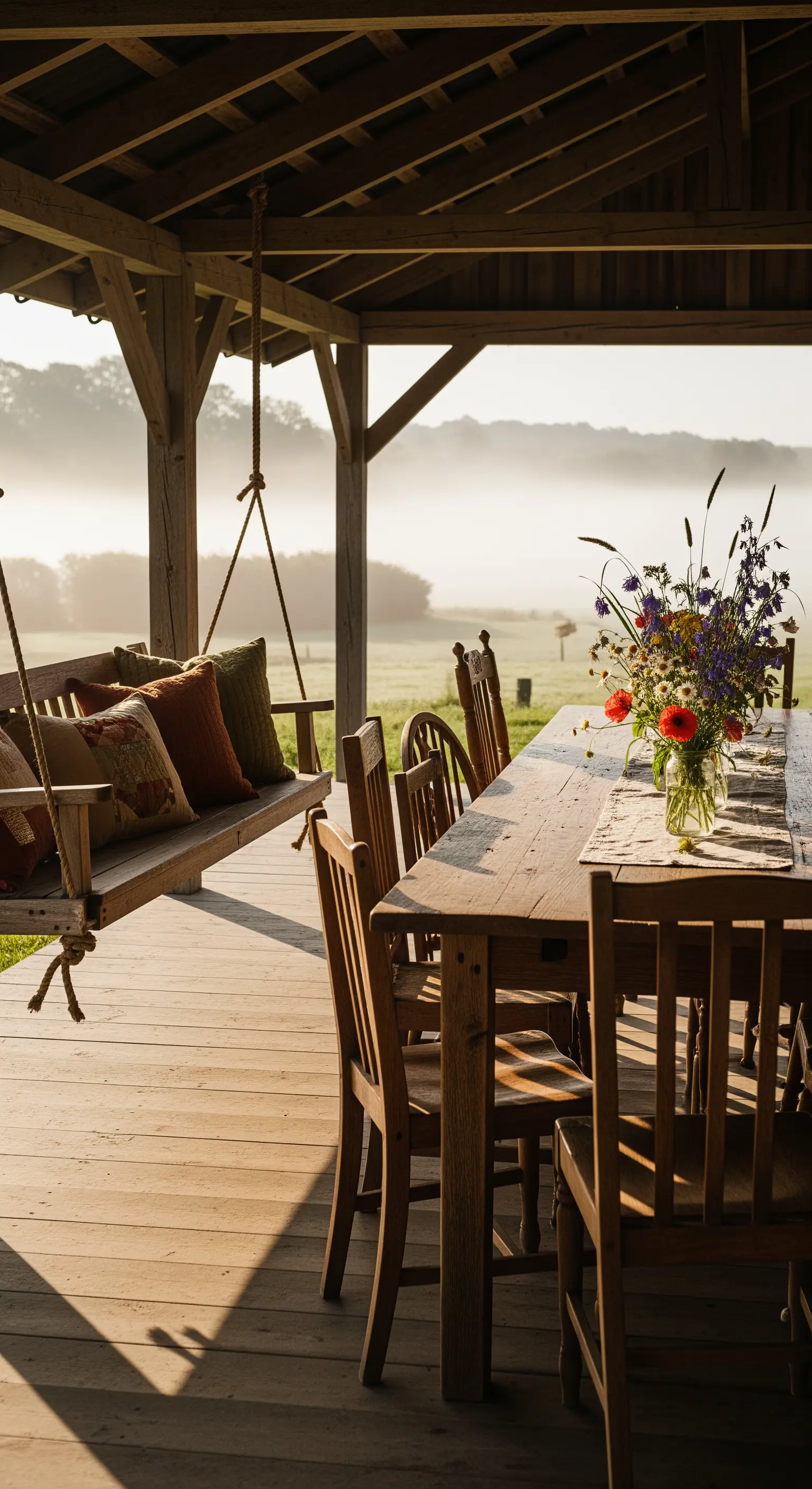 Rustikaler Landhaus-Balkon mit Holztisch, Stühlen und einer Holzschaukel