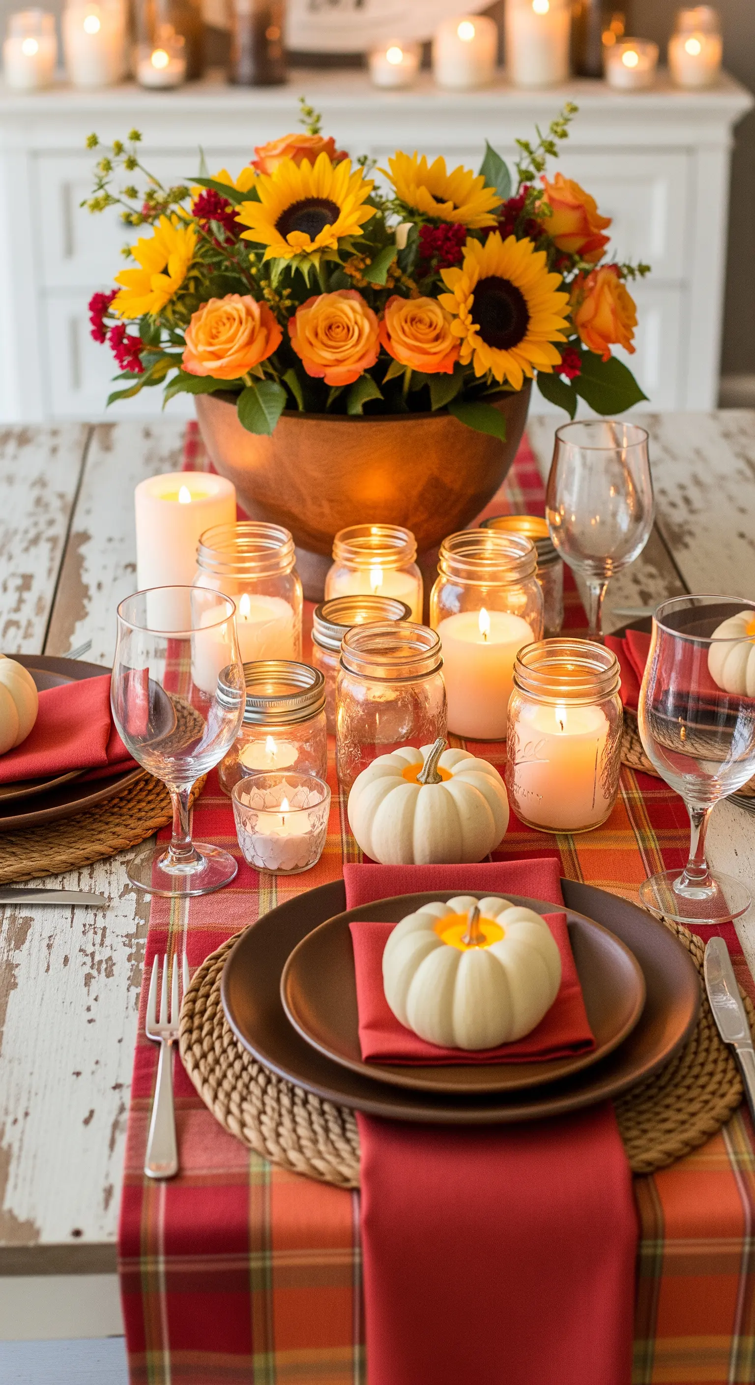 Rustikale Tischdeko mit Karomuster, Sonnenblumen und Kerzen in Einmachgläsern.