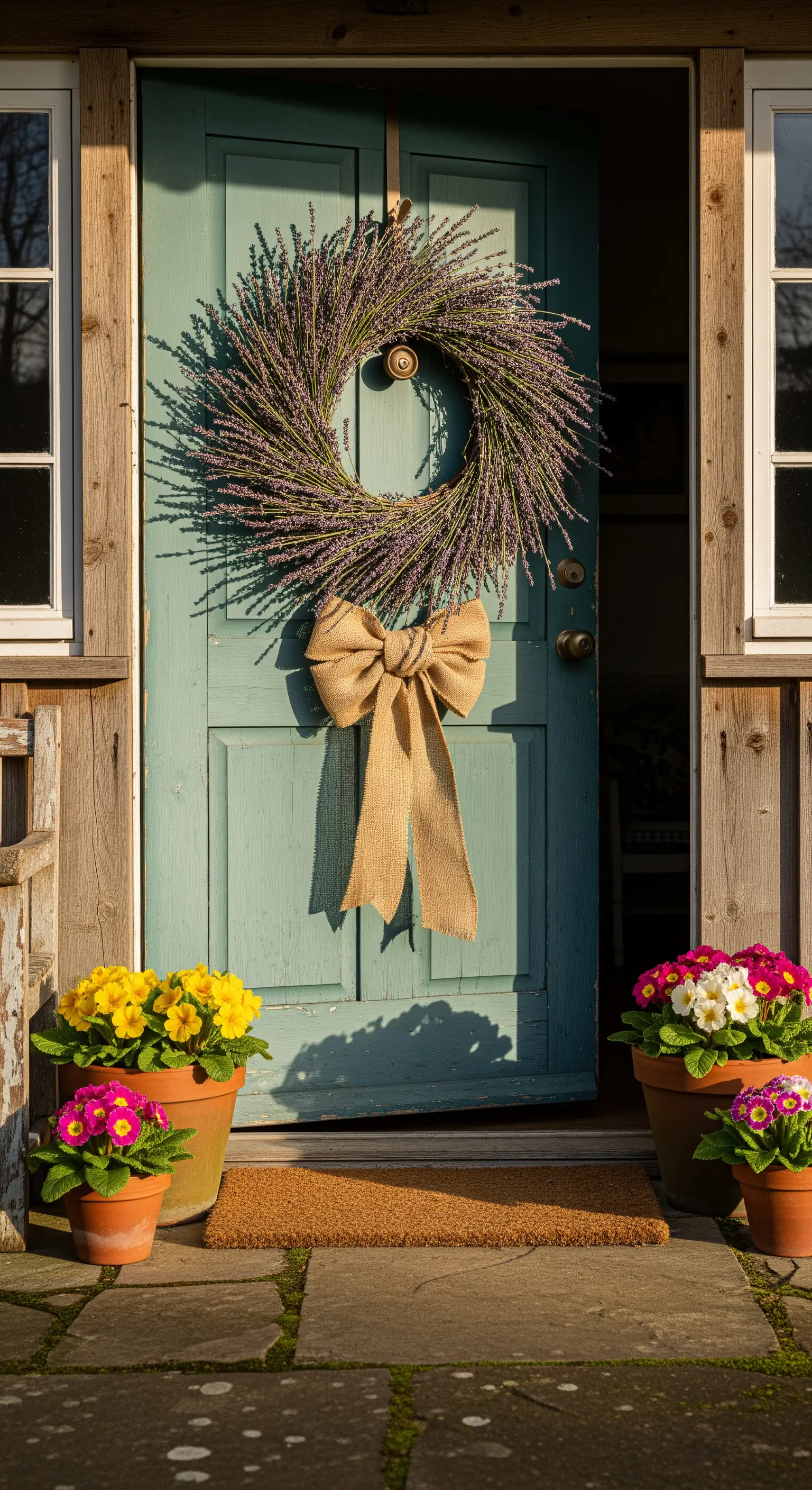 Rustikaler Lavendelkranz mit großer Jute-Schleife an einer türkisfarbenen Landhaustür.
