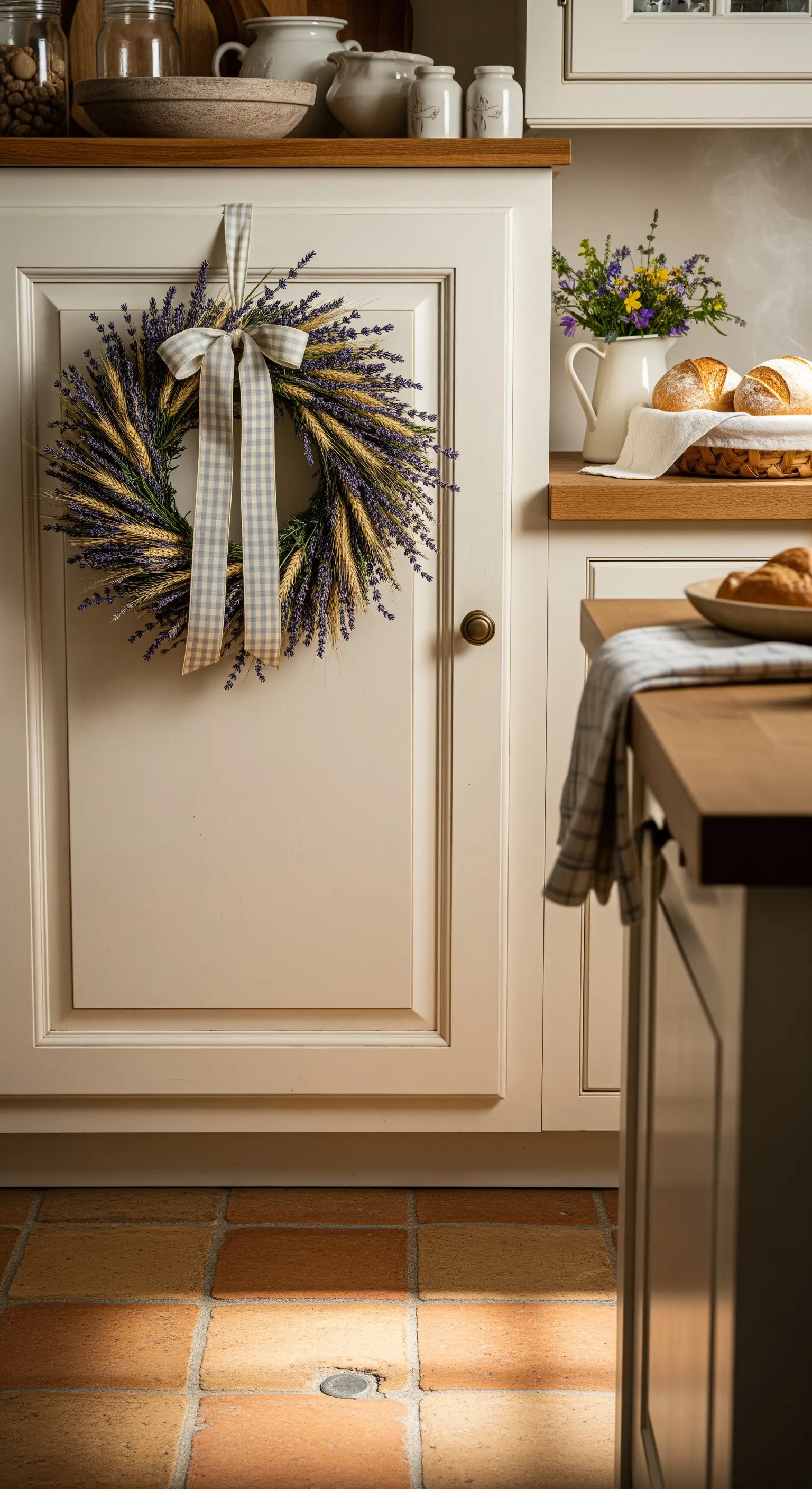 Kranz aus Weizen und Lavendel in Landhausküche