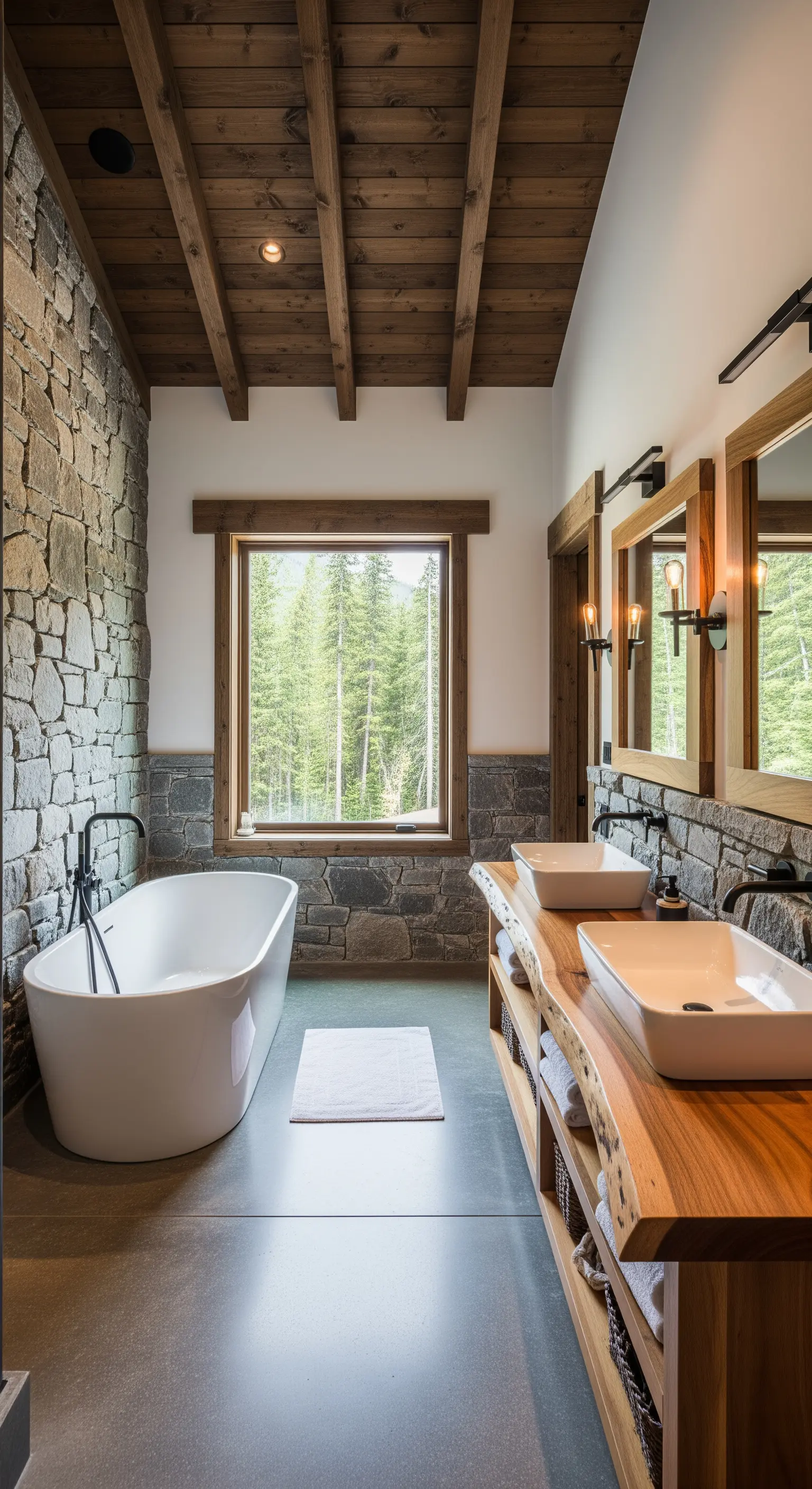 Badezimmer im Chalet-Stil mit rauer Steinwand, Holzbalkendecke und moderner Wanne