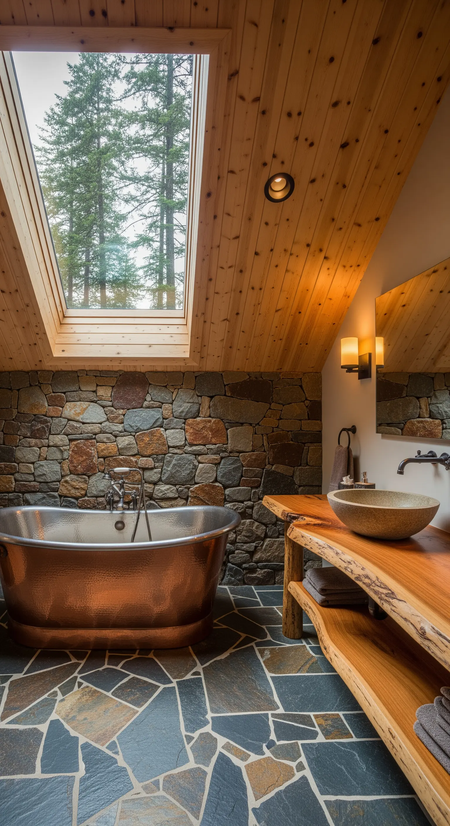 Rustikales Badezimmer mit Steinwand, Holzelementen und einer Kupferbadewanne unter einem Dachfenster.