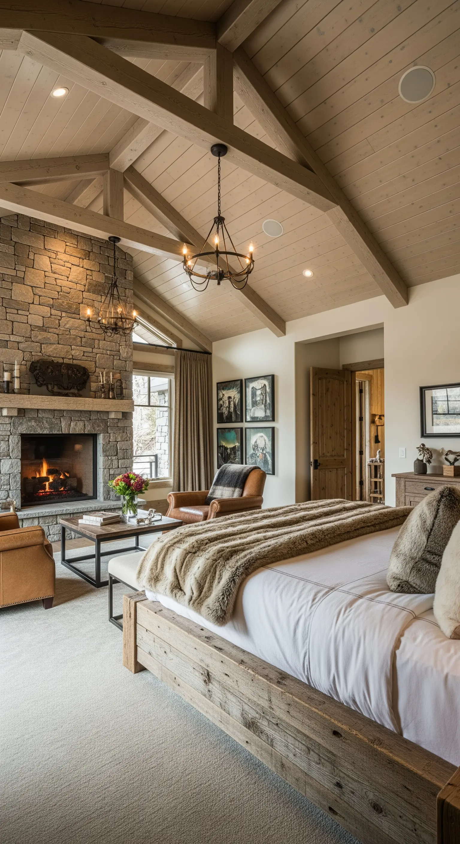 Rustikales Luxus-Schlafzimmer mit Steinkamin, Holzbalken und Altholzbett.