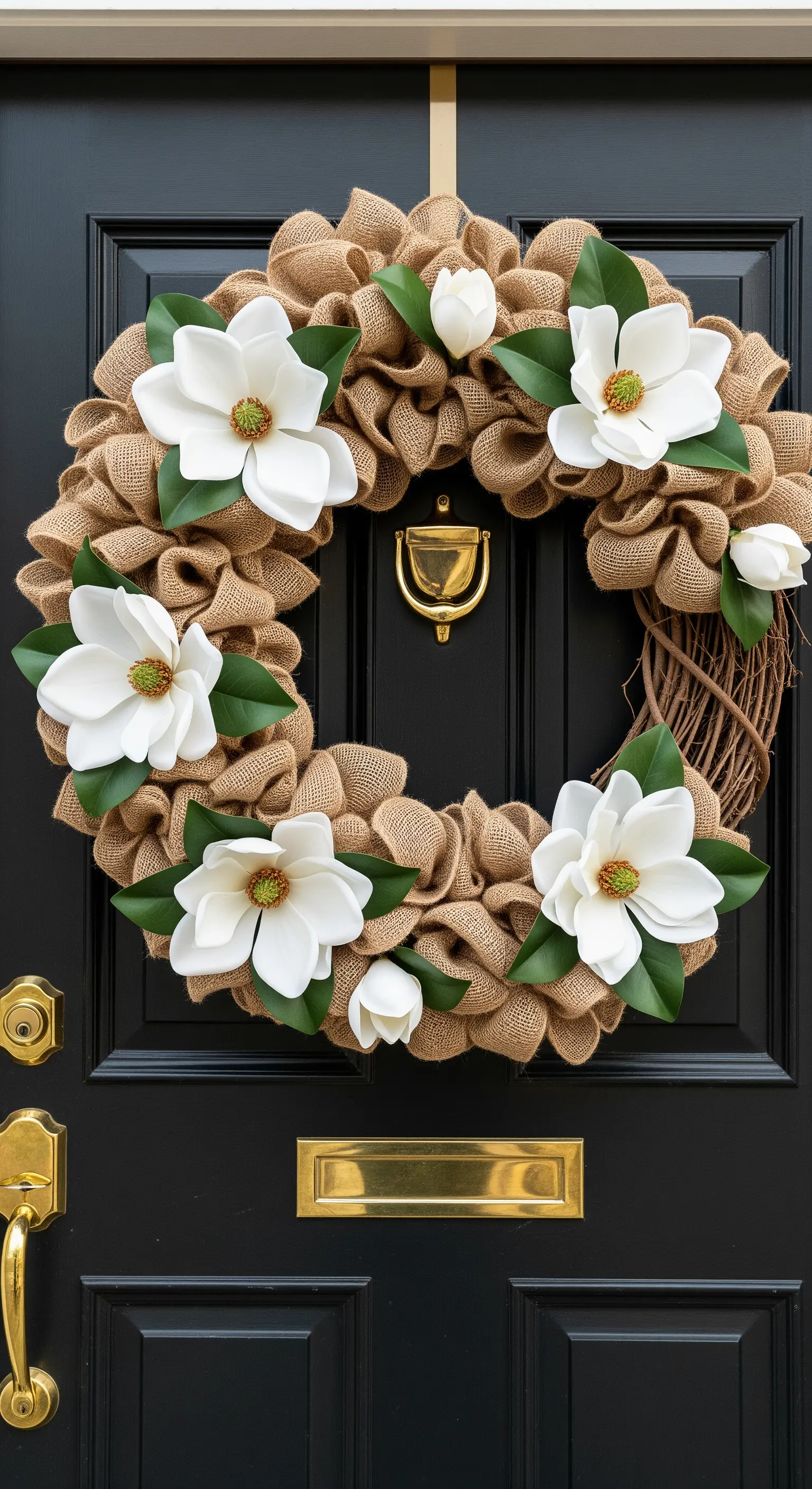 Kranz aus gerafftem Jutestoff mit großen weißen Magnolienblüten auf schwarzer Tür.