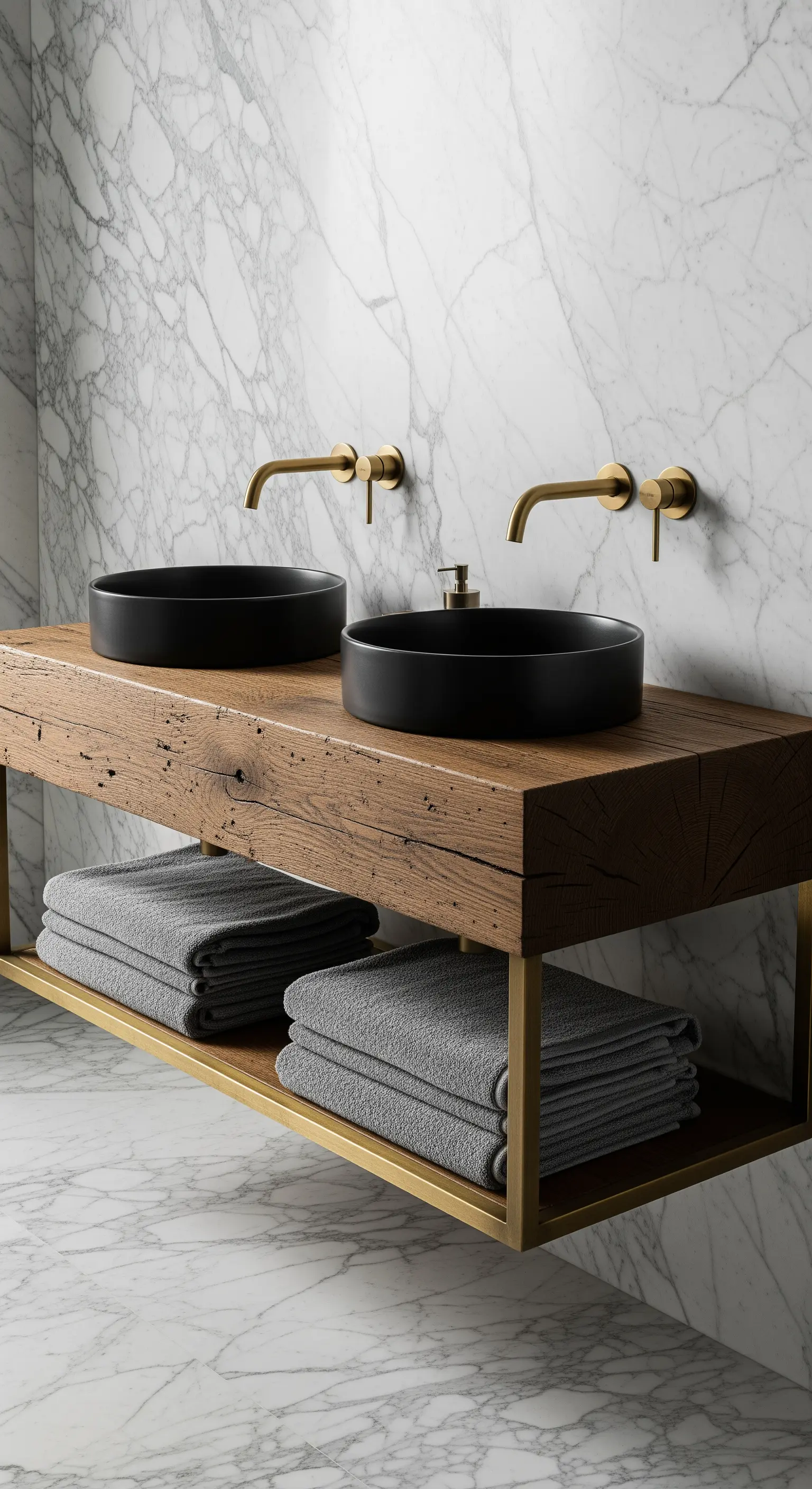 Waschtisch aus einem rustikalen Holzbalken vor einer weißen Marmorwand, mit schwarzen Waschbecken.