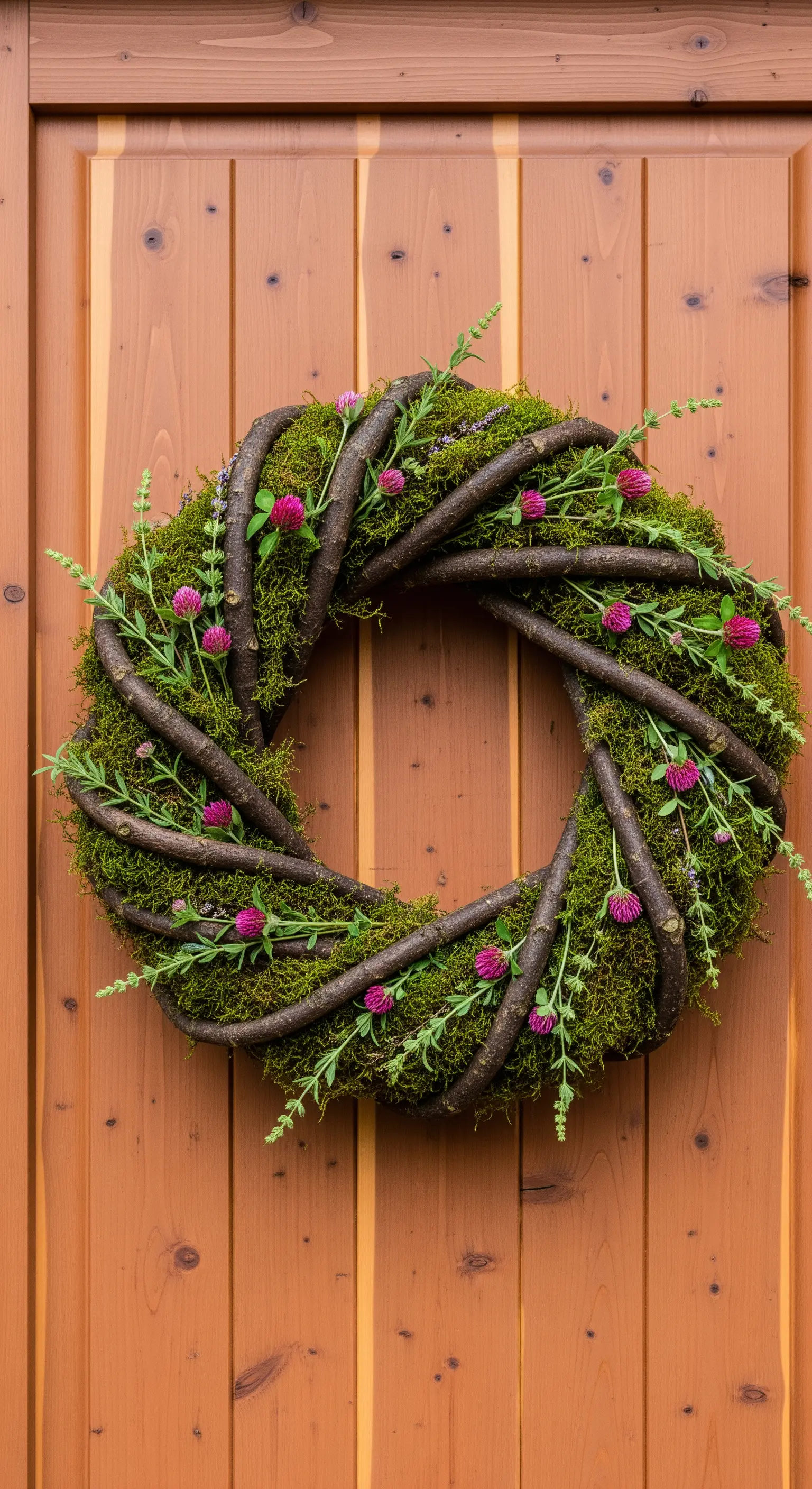 Moos-Zweige-Kranz mit rosa Klee auf rustikaler Holztür