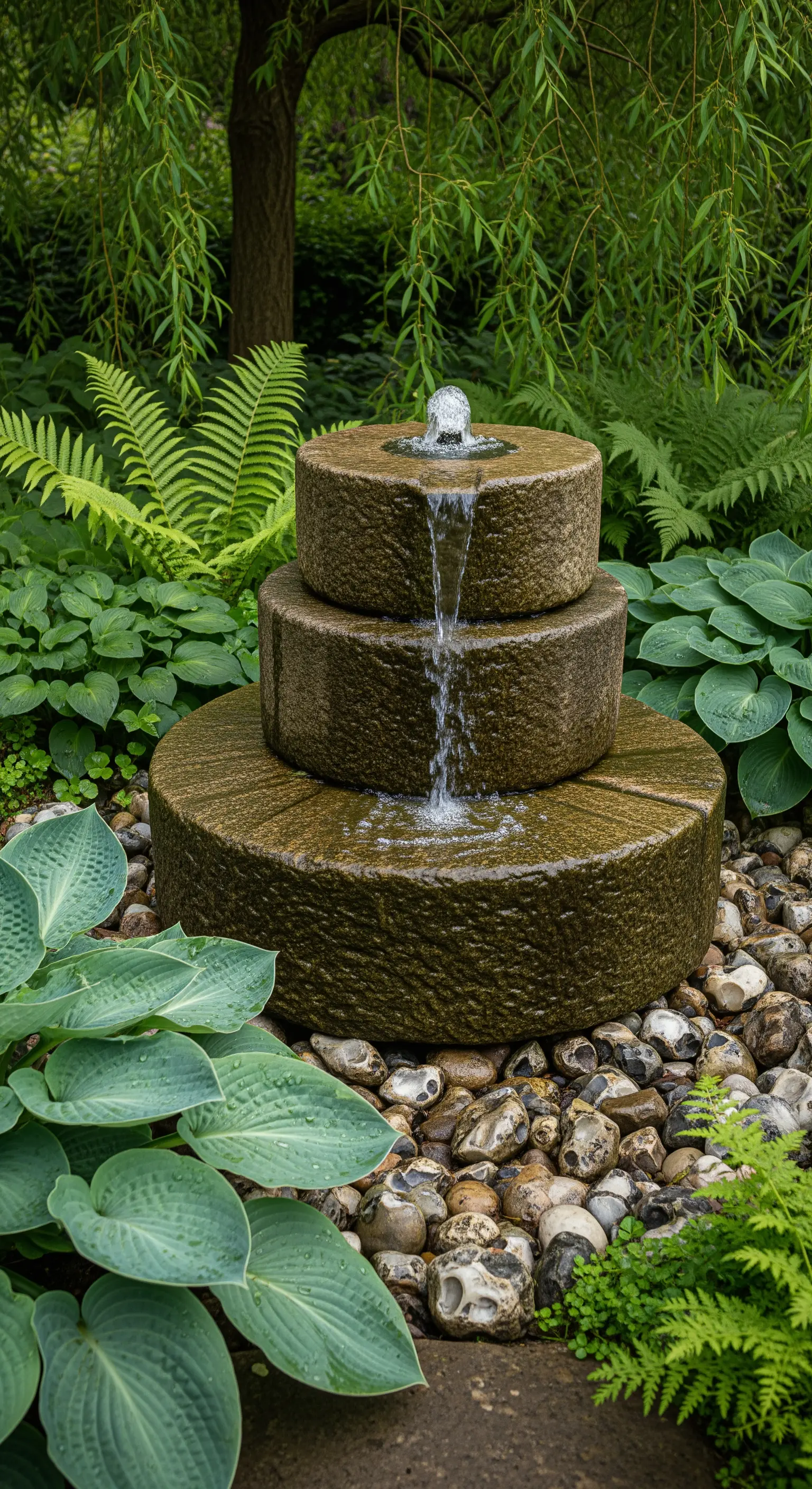 Gestapelter Mühlsteinbrunnen auf Kieselbett, umgeben von Farnen und Hostas