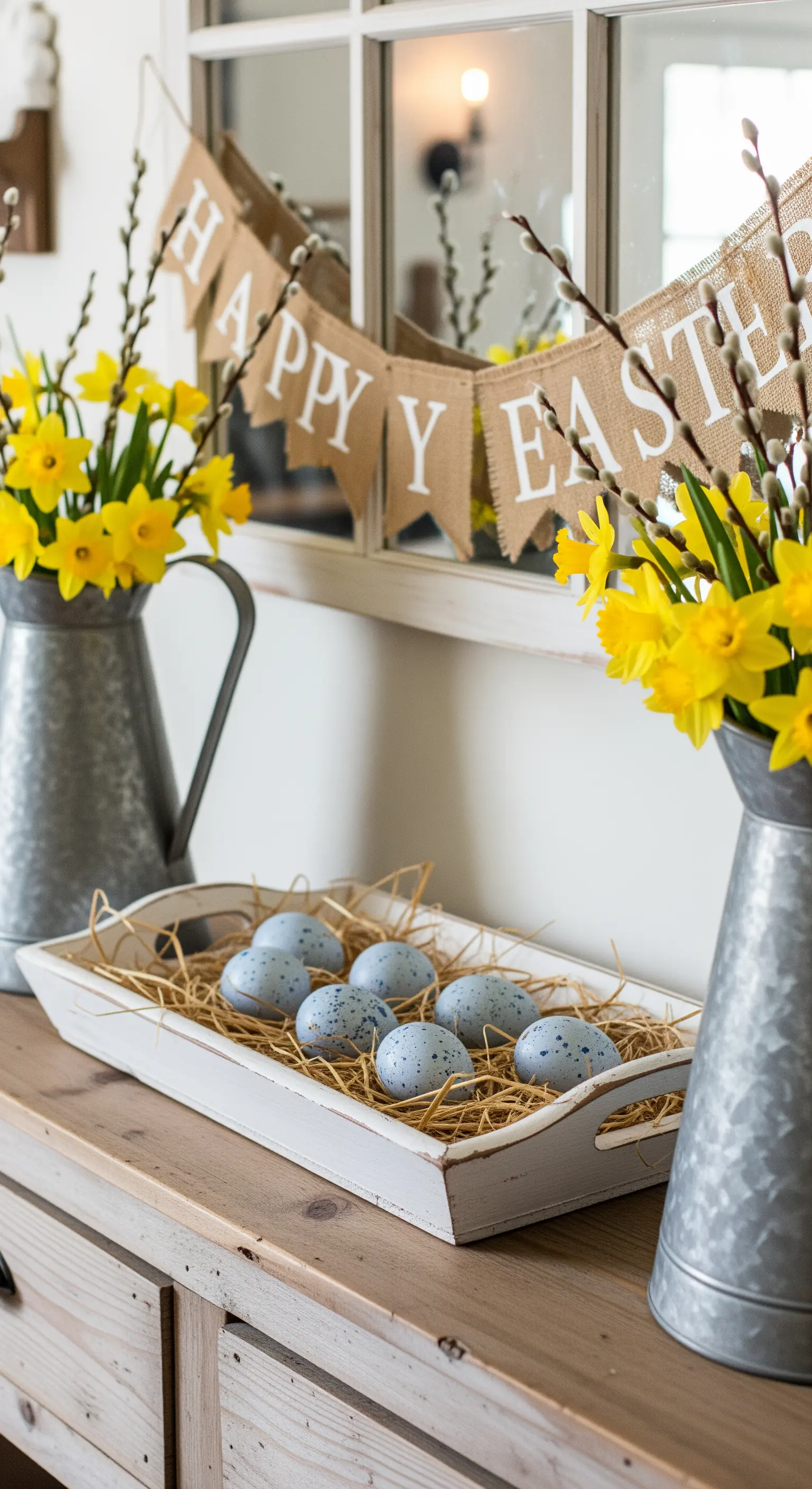 Rustikaler Eingang mit Osterbanner, Narzissen und dekorierten Eiern