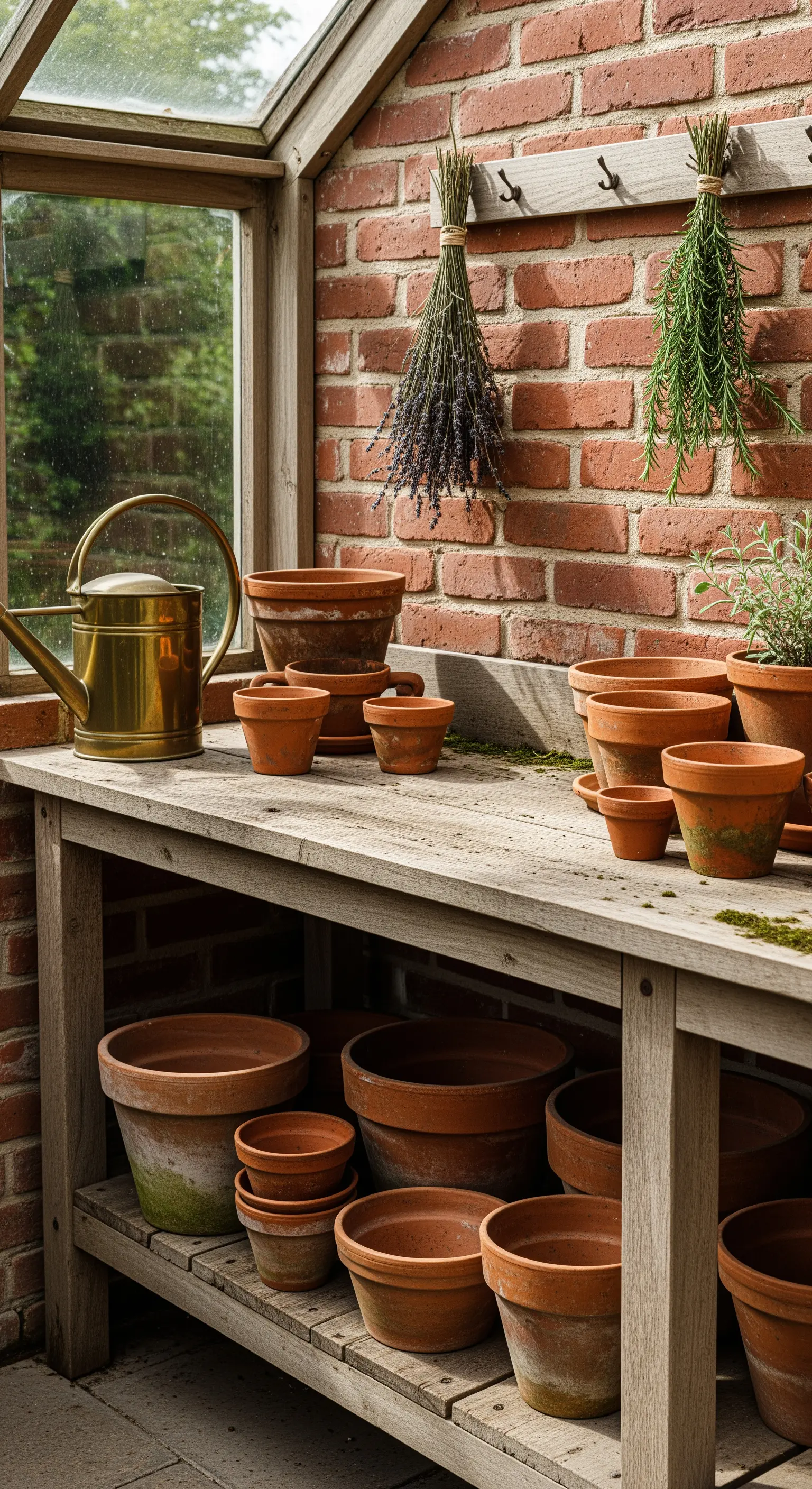 Hölzerner Pflanztisch mit Terrakotta-Töpfen und Messing-Gießkanne in einem Gewächshaus