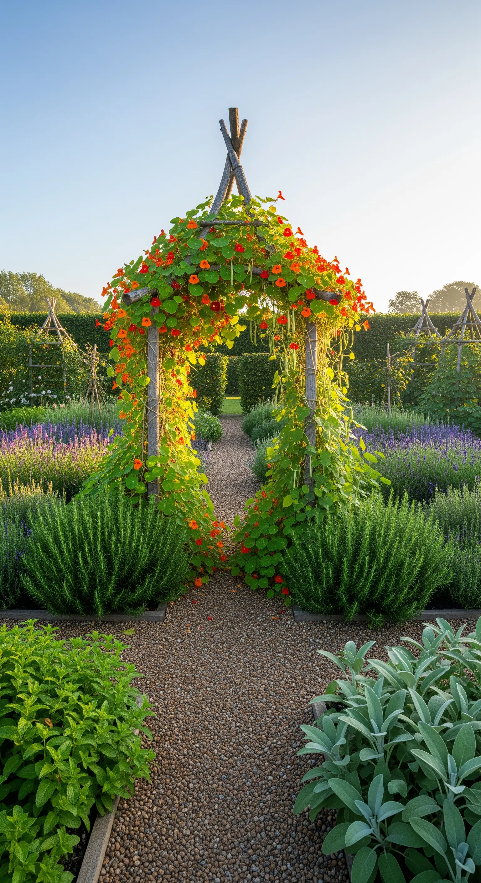 Rankbogen, Kapuzinerkresse, Kräutergarten, rustikale Deko