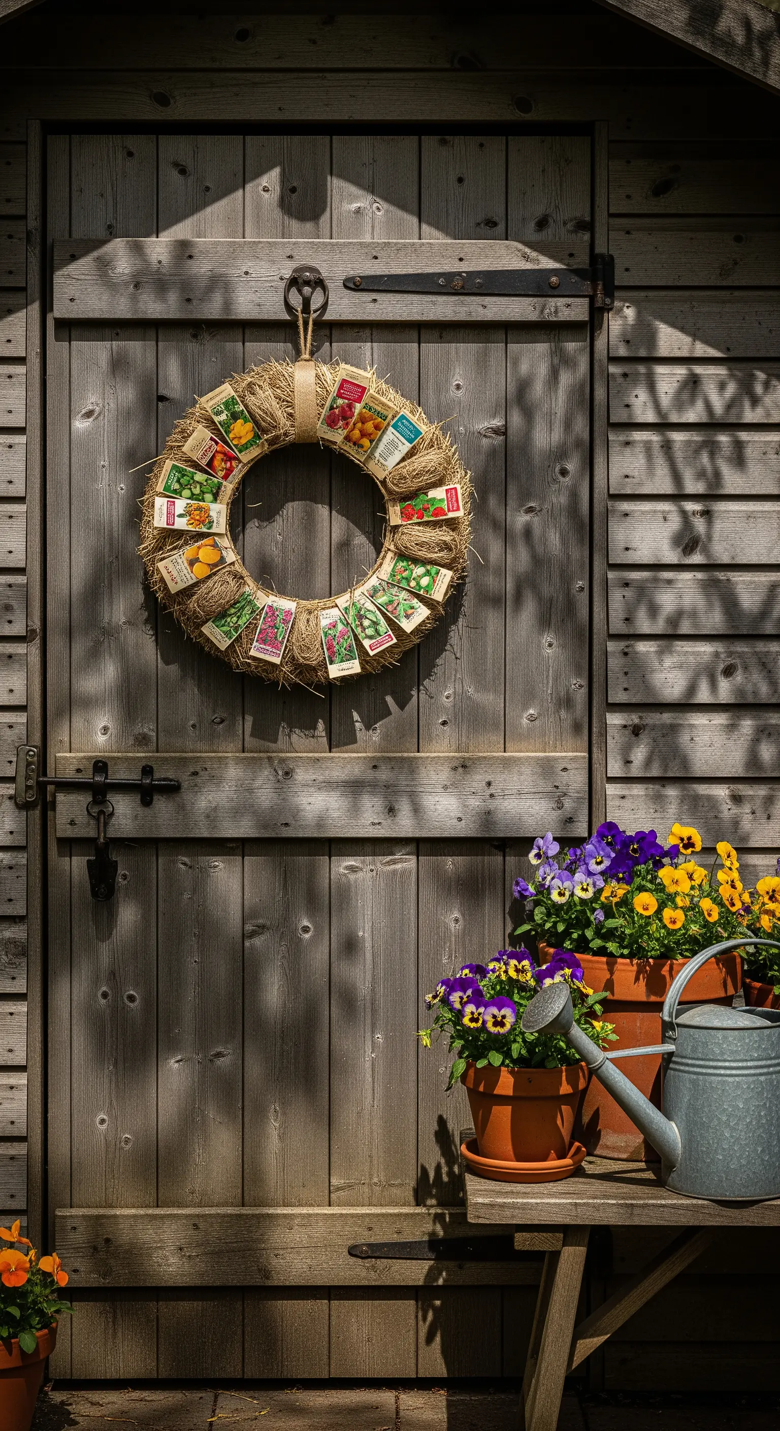 Strohkranz mit Saatguttütchen an Holzhüttentür