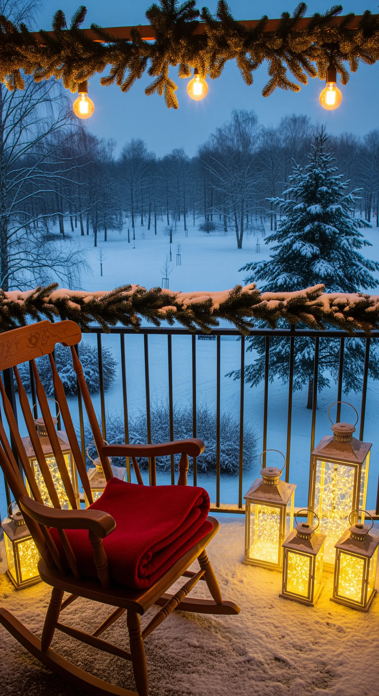 Schaukelstuhl auf verschneitem Balkon mit Lichterketten-Girlande und Laternen