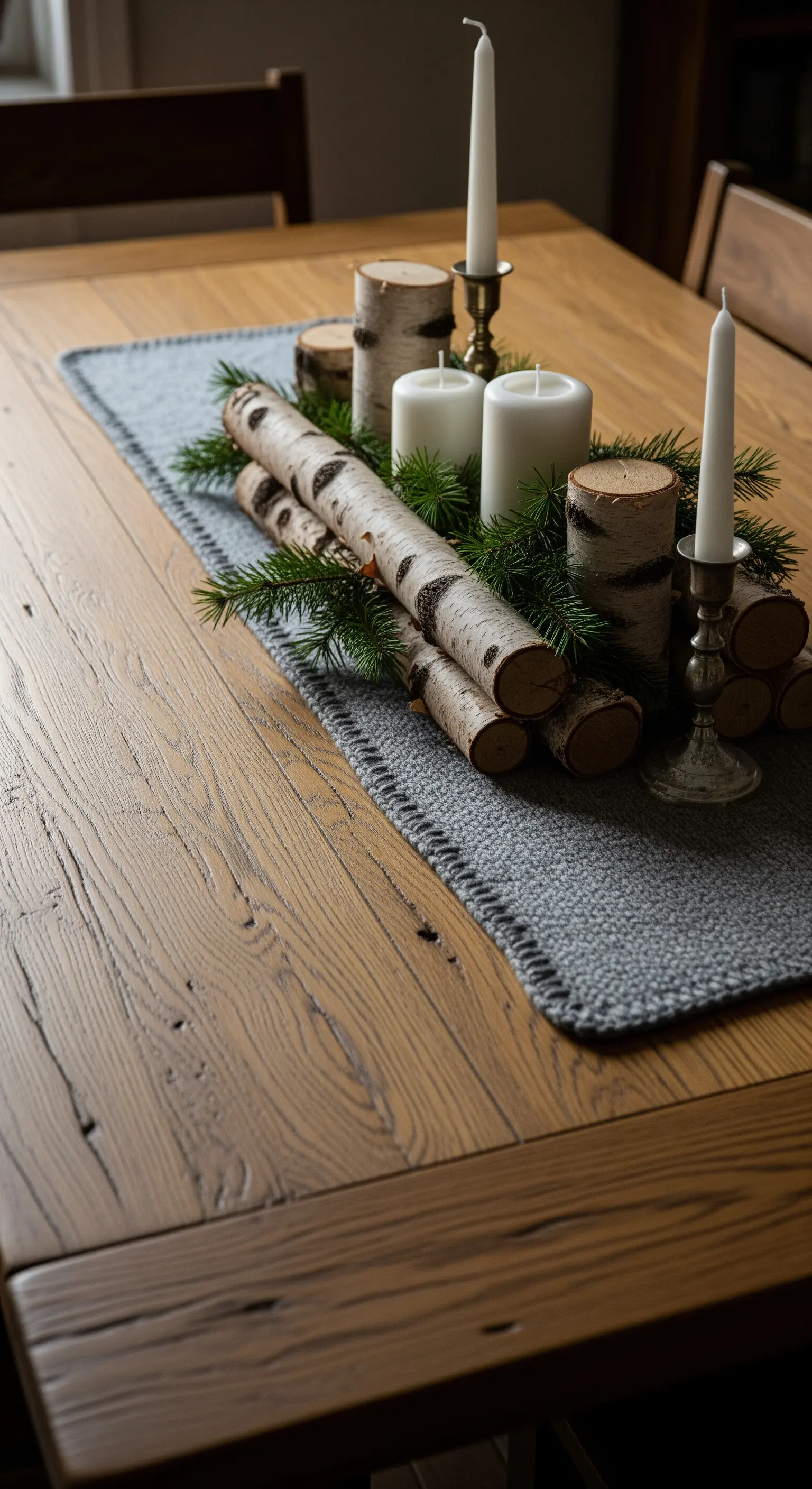 Holztisch mit Birkenholz, weißen Kerzen, Tannenzweigen und gestricktem Tischläufer