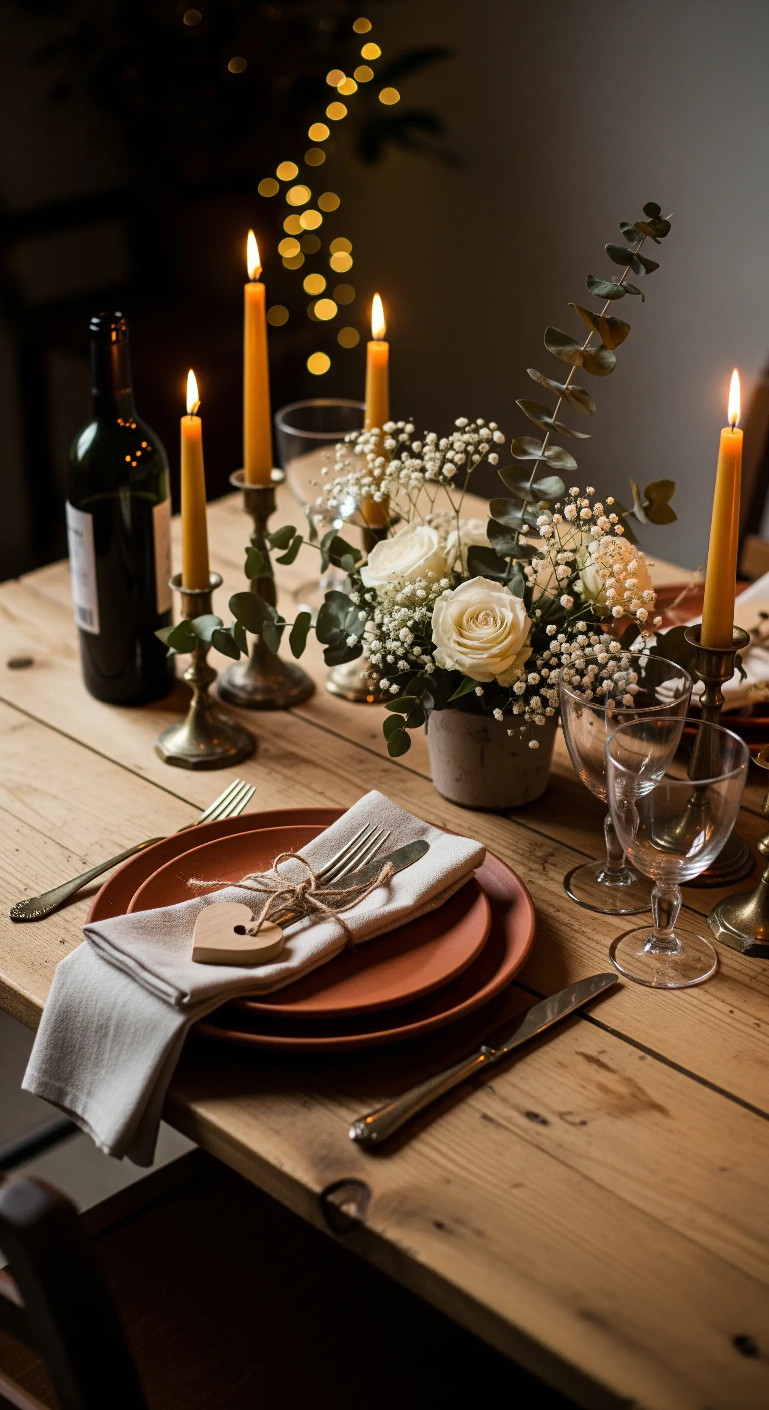 Romantisch gedeckter Holztisch mit Kerzen, weißen Rosen, Terracotta-Geschirr und Weinglas
