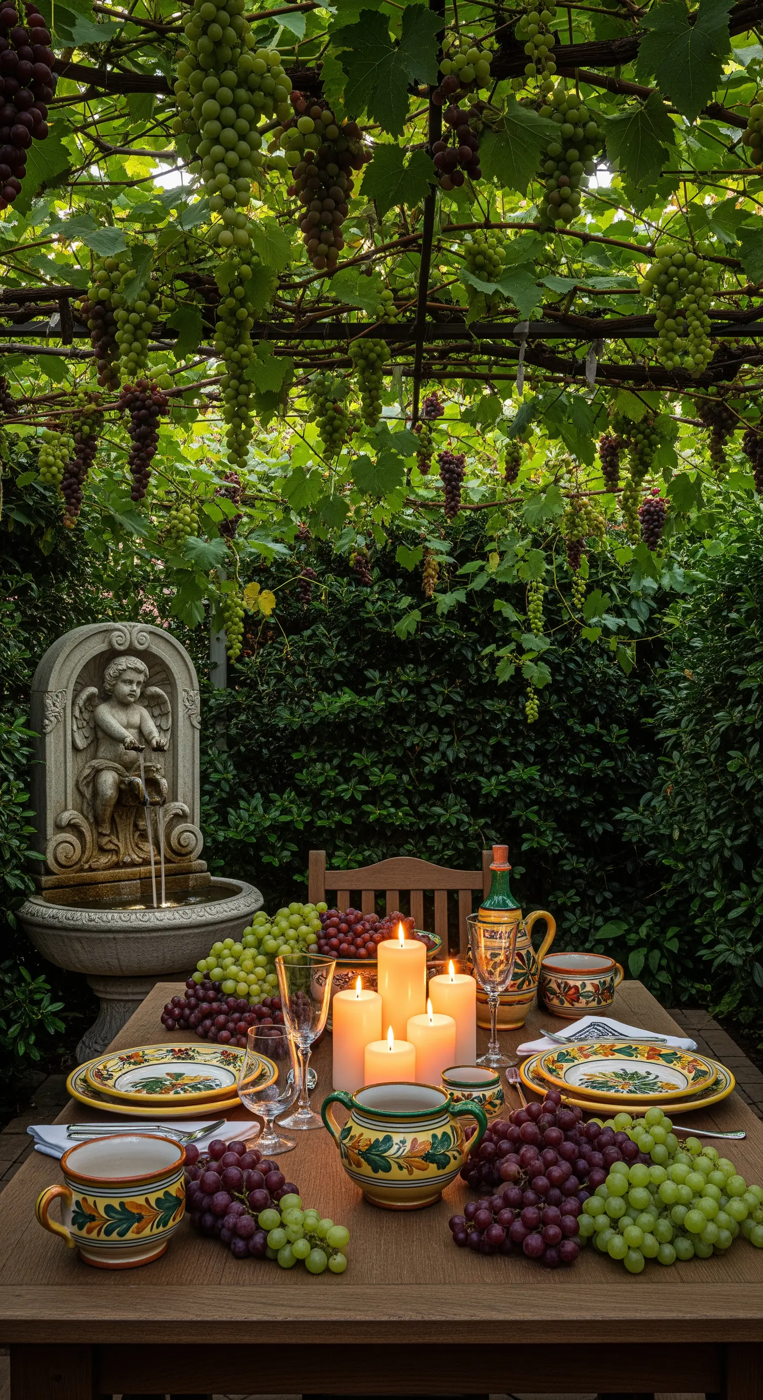 Holztisch unter Weinlaube mit Trauben, Keramikgeschirr und Kerzen