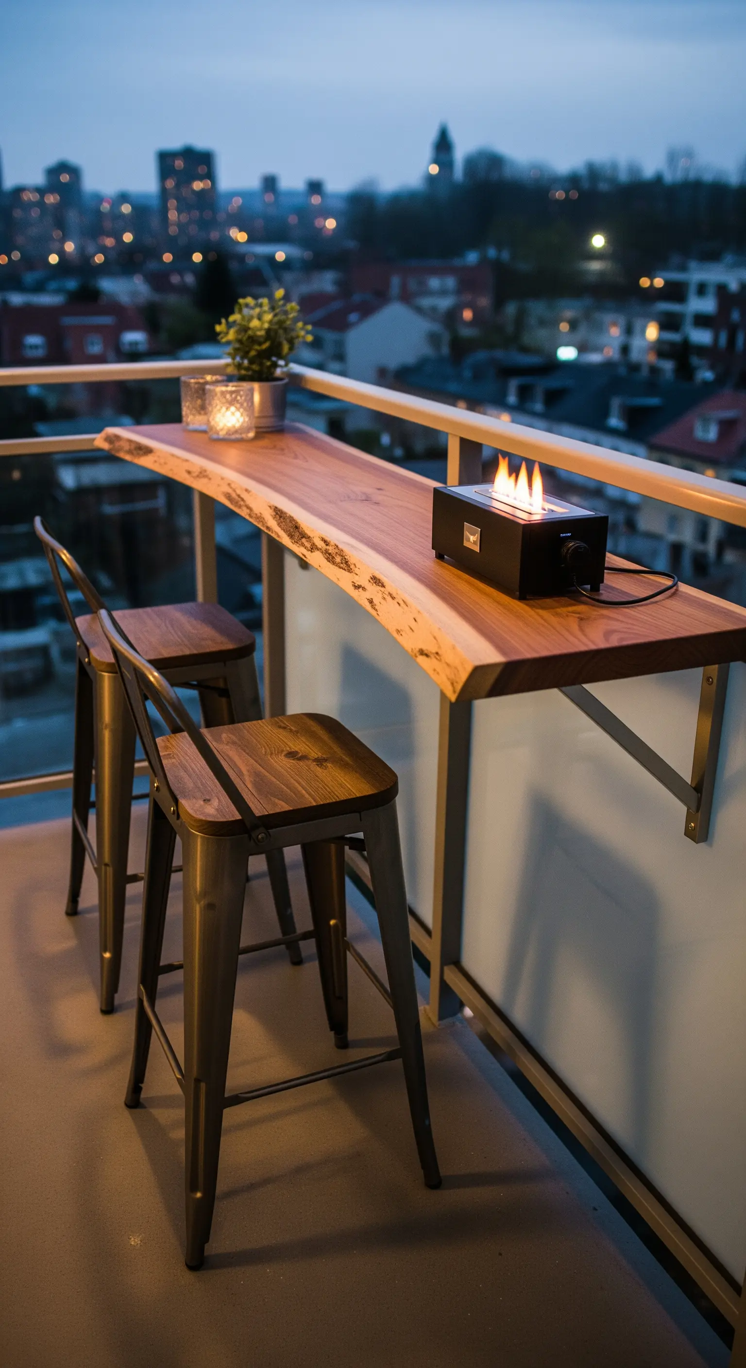 Baumkanten-Holztresen am Geländer mit kleinem Tischkamin