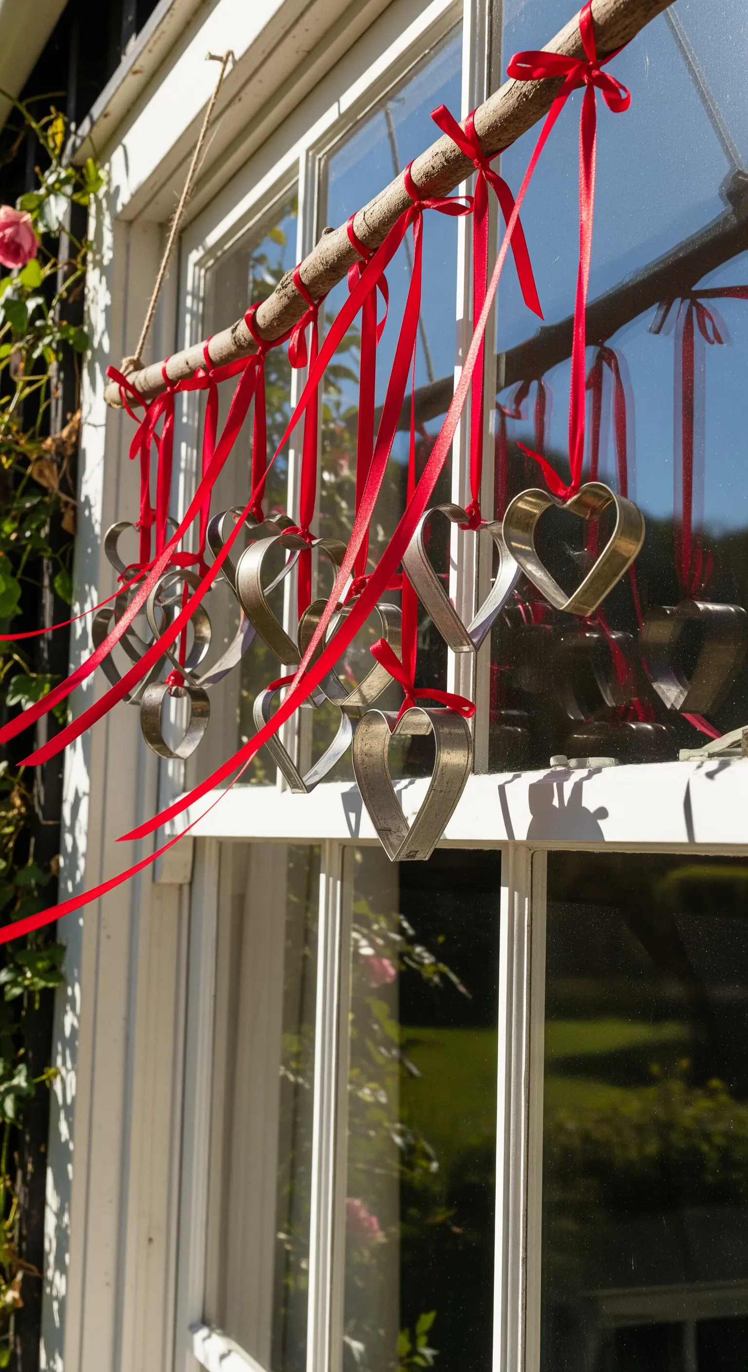 Metallene Herzausstechformen hängen mit roten Bändern an einem Ast vor einem Fenster.