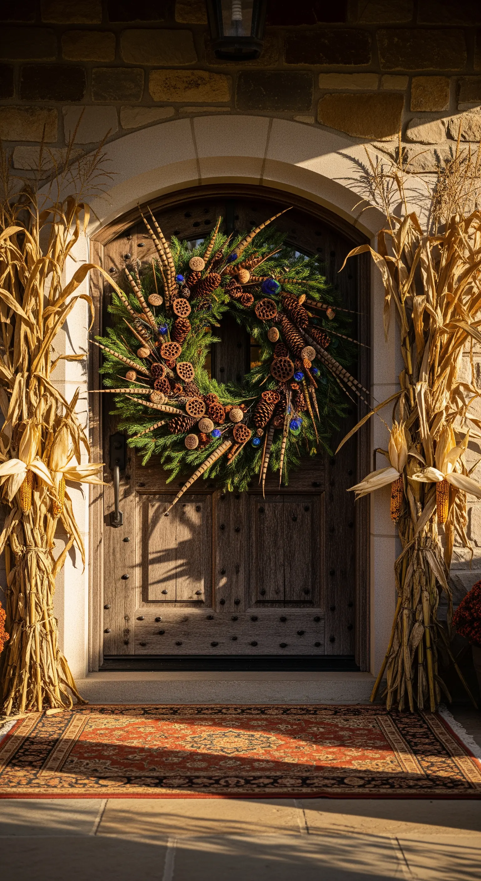 Holztür mit Tannenzapfen-Federn-Kranz, Maisstauden und rustikalem Teppich