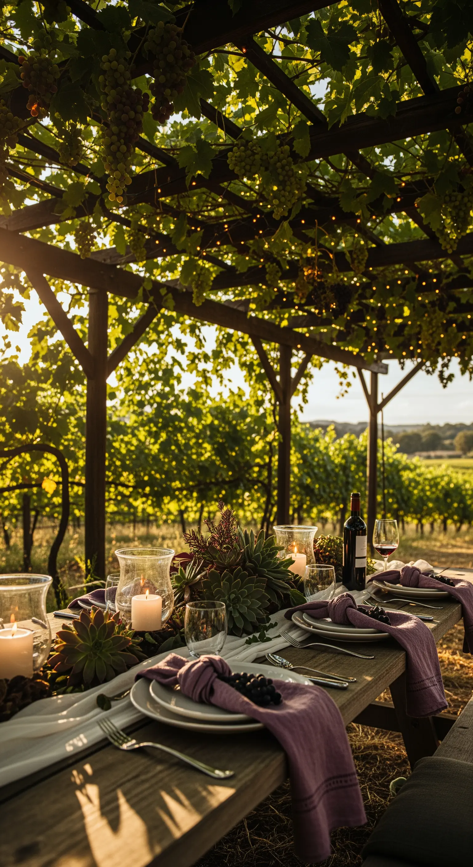Rustikaler Holztisch im Weinberg mit Lichterketten, Weintrauben und Sukkulenten