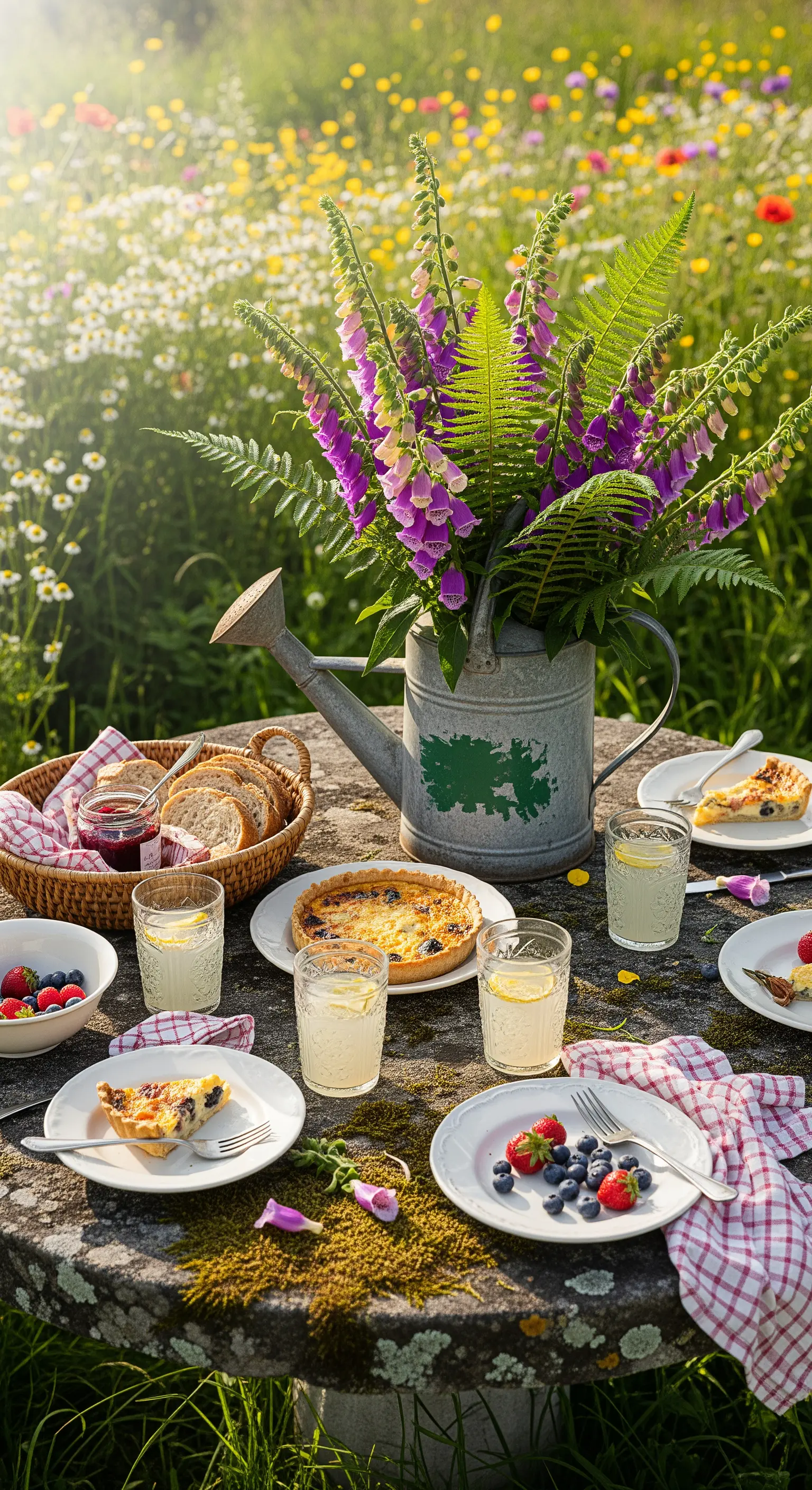 Wiesen-Brunch mit Gießkanne voller Wildblumen auf Steintisch