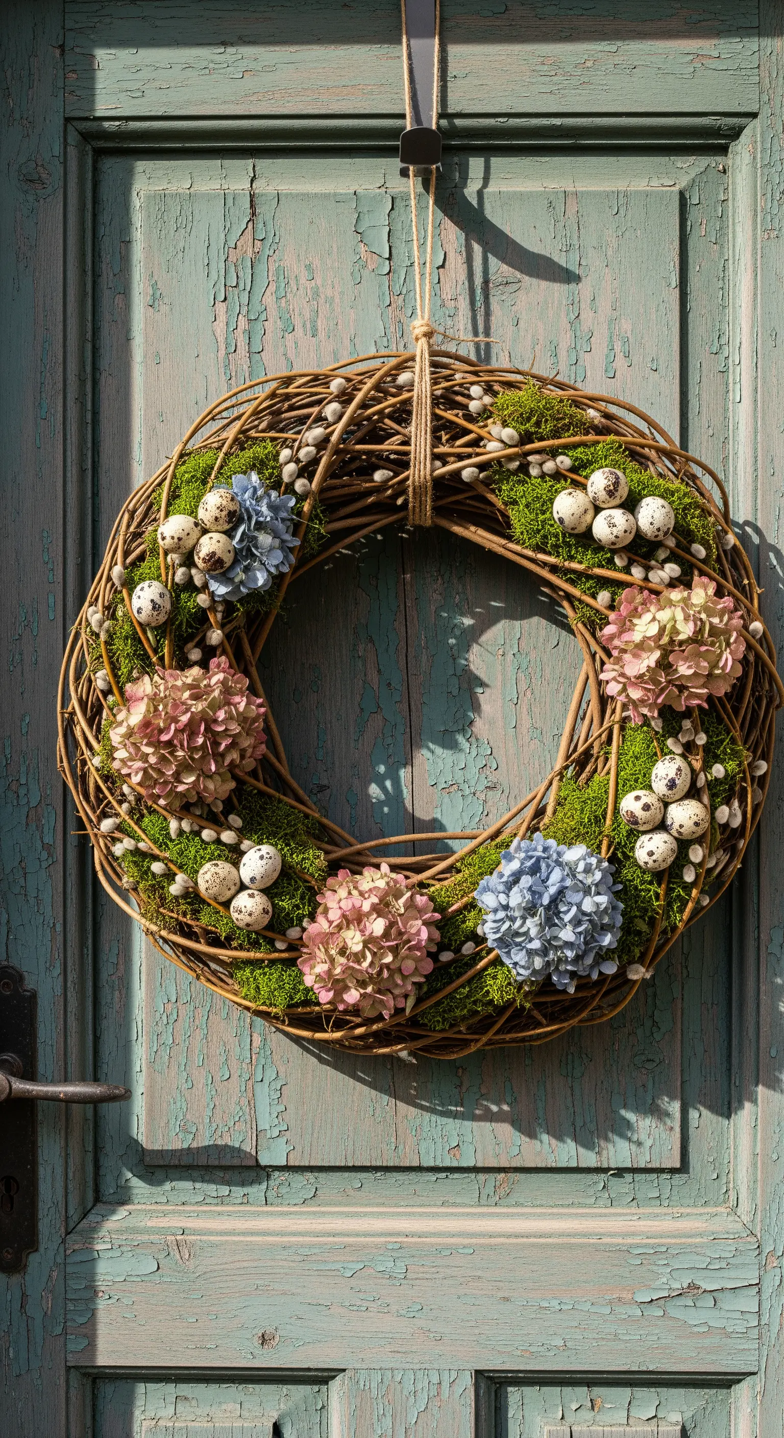 Reisigkranz mit Moos, Hortensien und Wachteleiern an Holztür