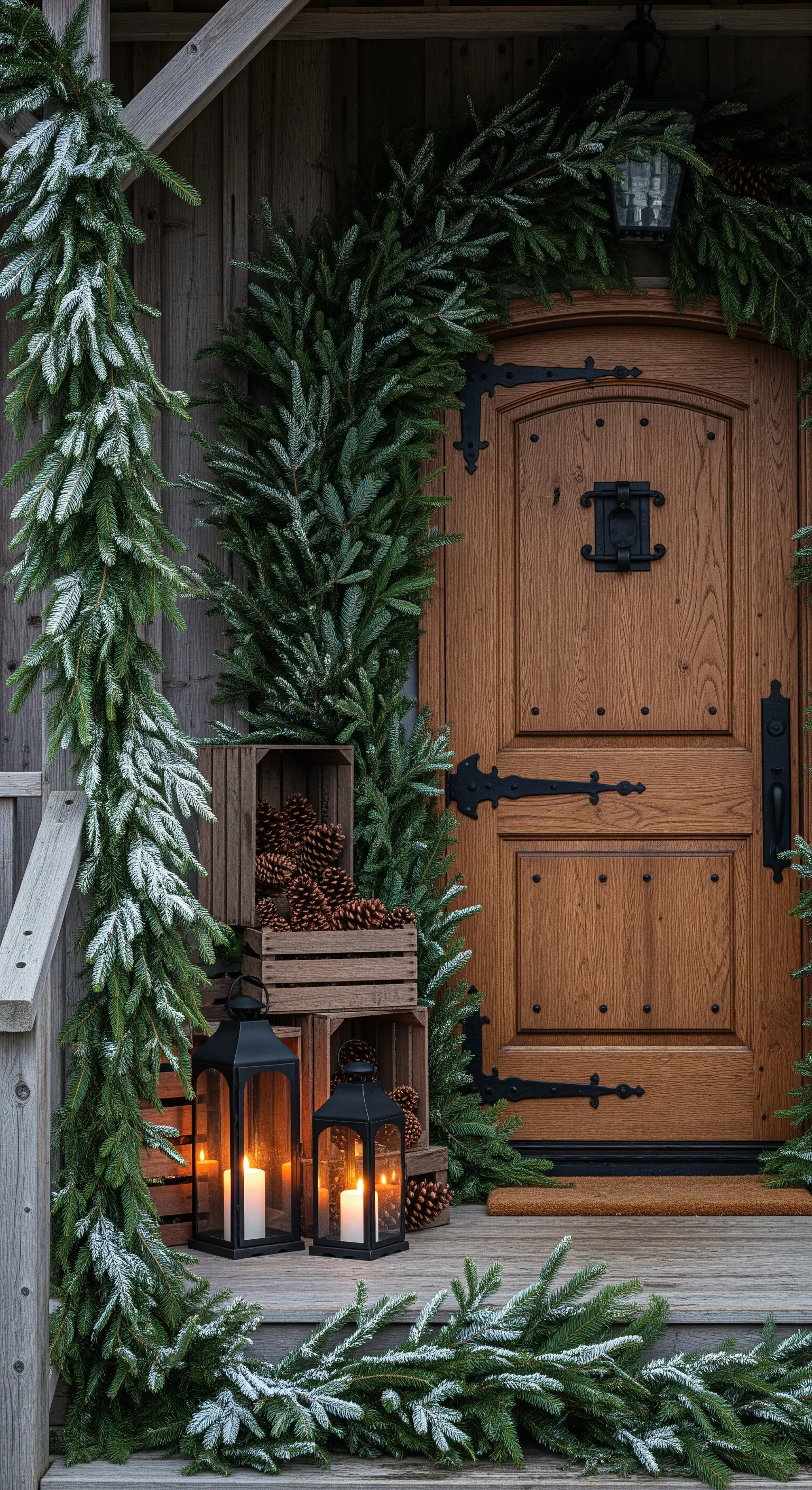 Eingangsbereich mit schneebestäubtem Tannengrün, Laternen und Holzkisten mit Tannenzapfen.