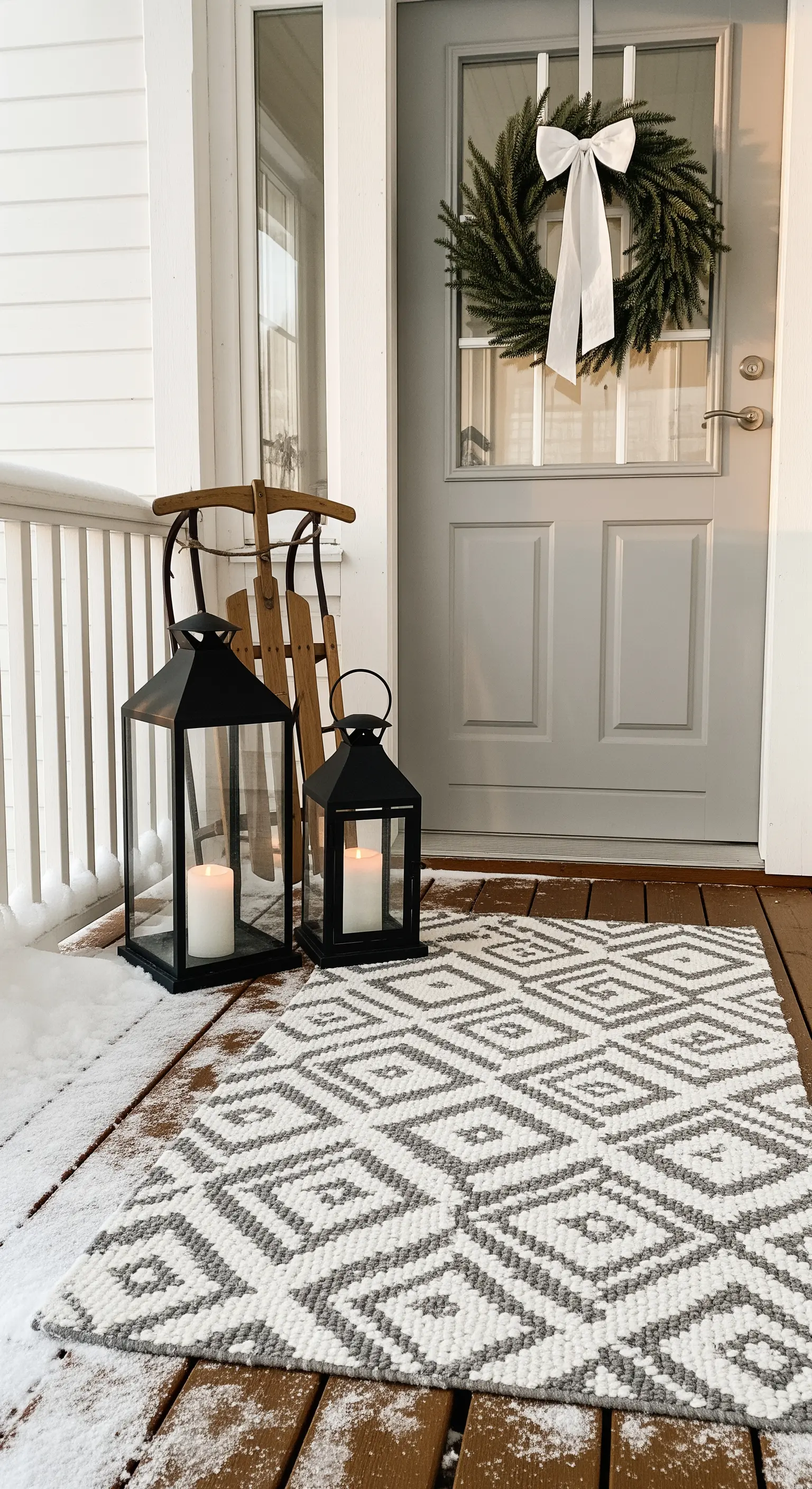 Winterlicher Eingang mit Tannenkranz, Schleife, Laternen, Holzschlitten und Teppich.