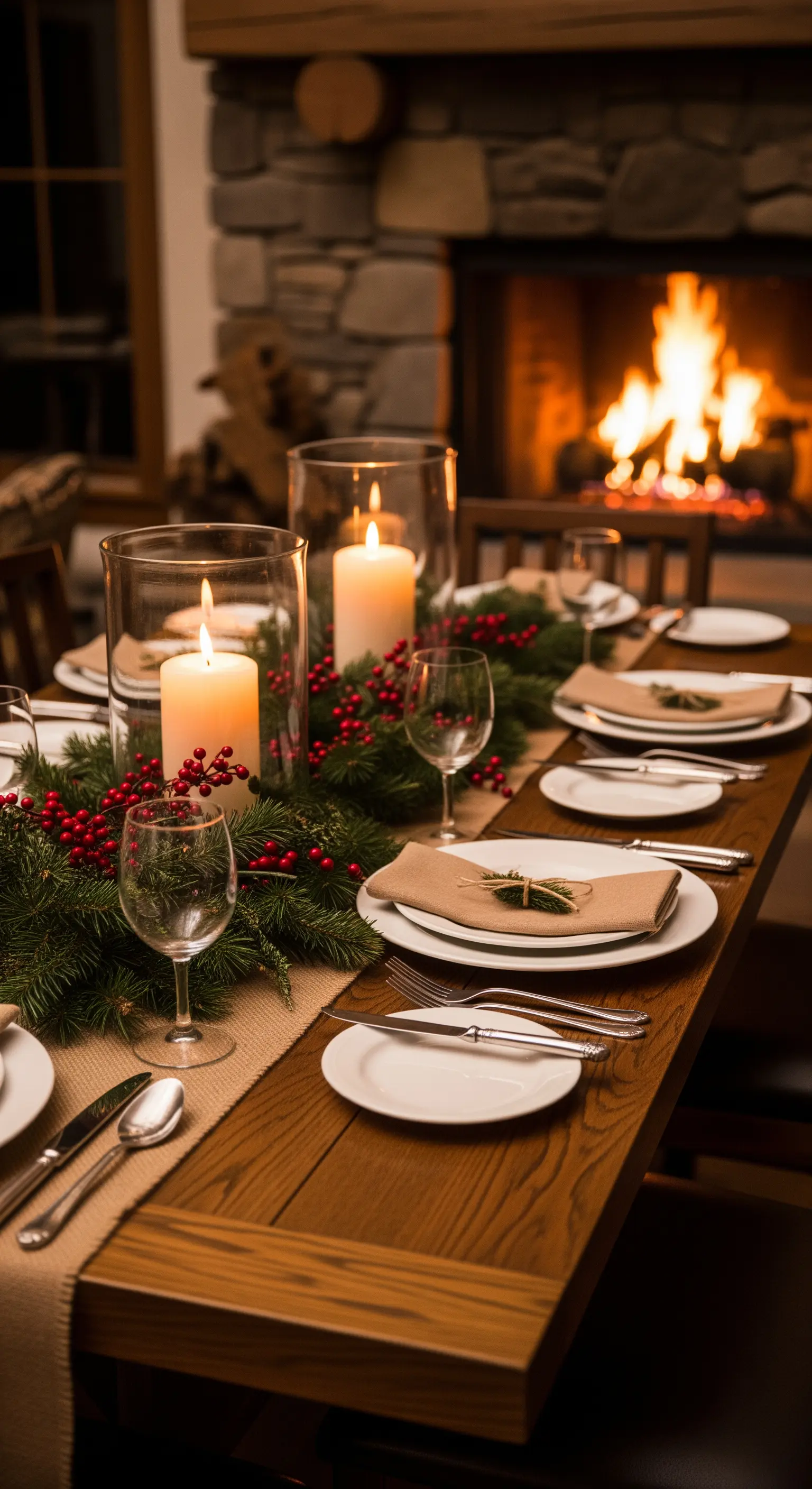 Holztisch mit Tannengirlande, roten Beeren, Kerzen und Kaminfeuer